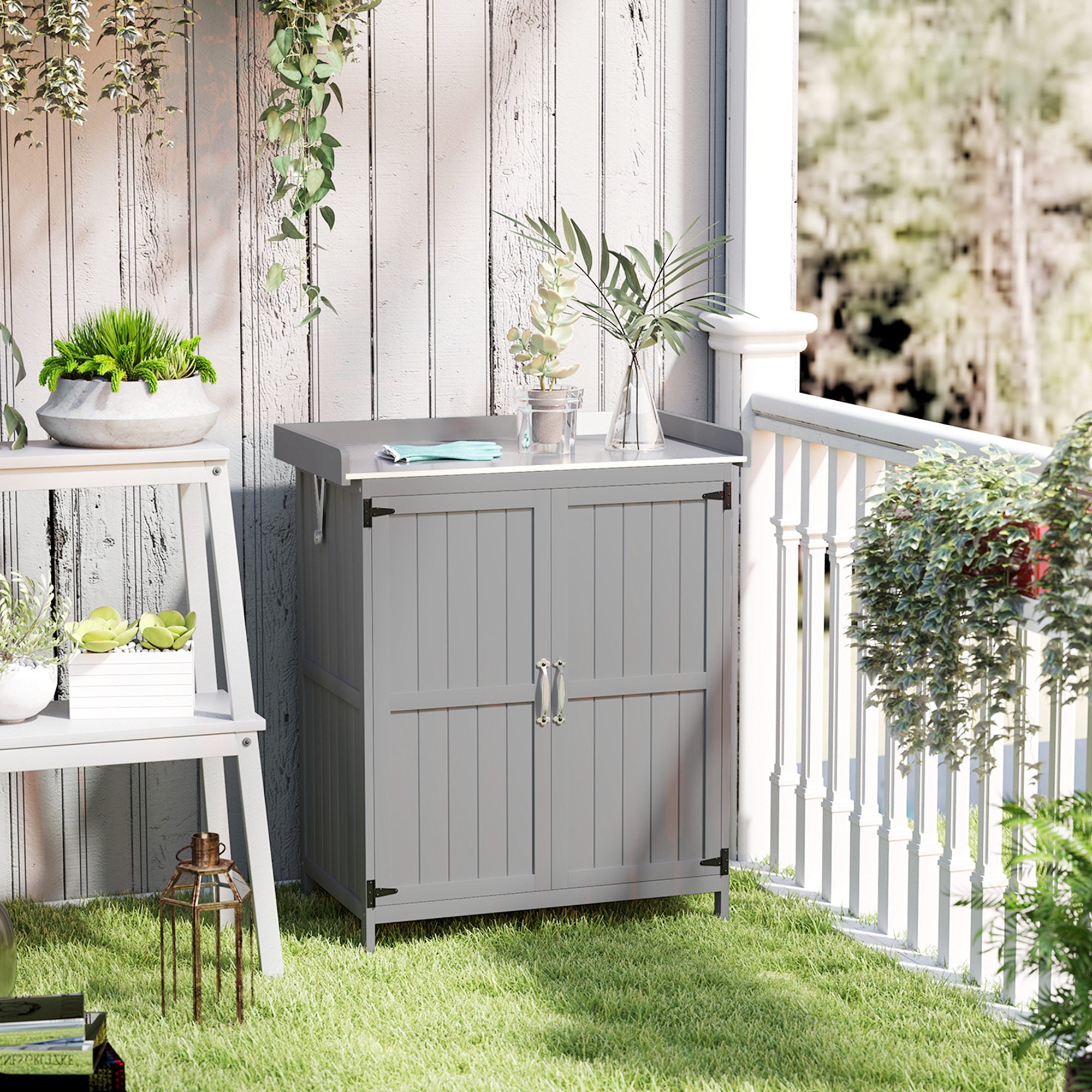 Wooden Garden Shed, Garden Tool Storage Shed with Hinged Roof and Shelf, Outdoor Storage Cabinet with Double Doors Outsunny