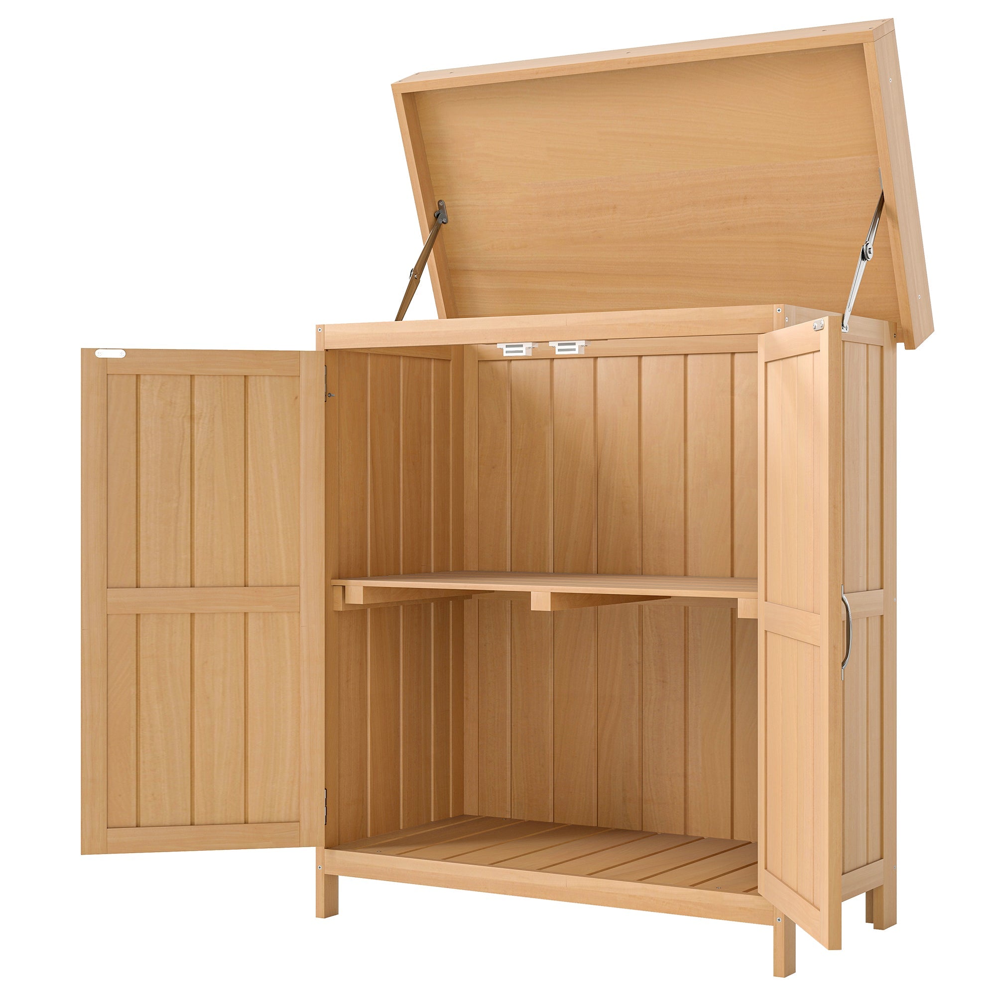 Small Shed, Wooden Garden Shed with Openable Hinged Roof and Removable Shelf, Outdoor Tool Storage Cabinet Chest with Double Doors, 74 x 43 x 88 cm, Natural Wood Finish Outsunny