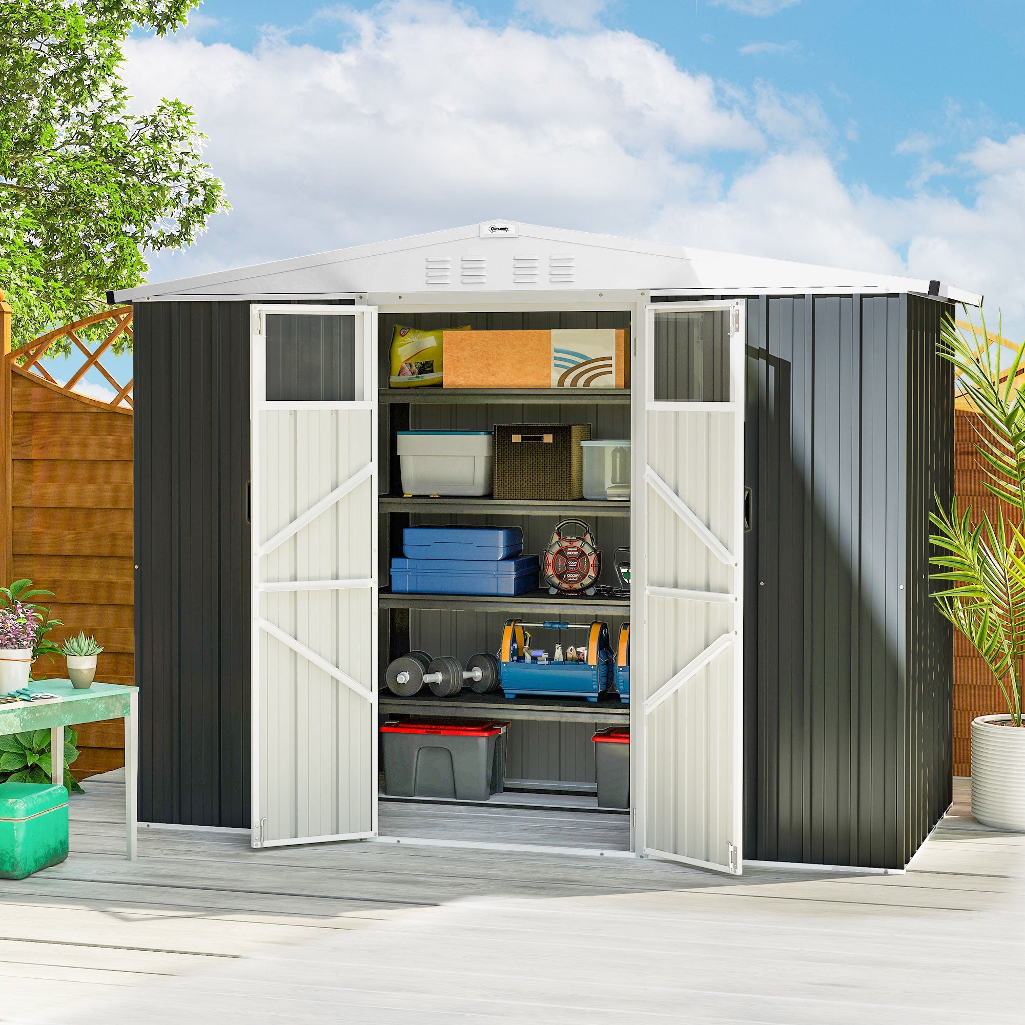8 x 4 ft Metal Garden Shed, Garden Storage Shed with Window, 4 Vents and Lockable Door, Waterproof Galvanised Steel Tool Storage Cabinet Outsunny