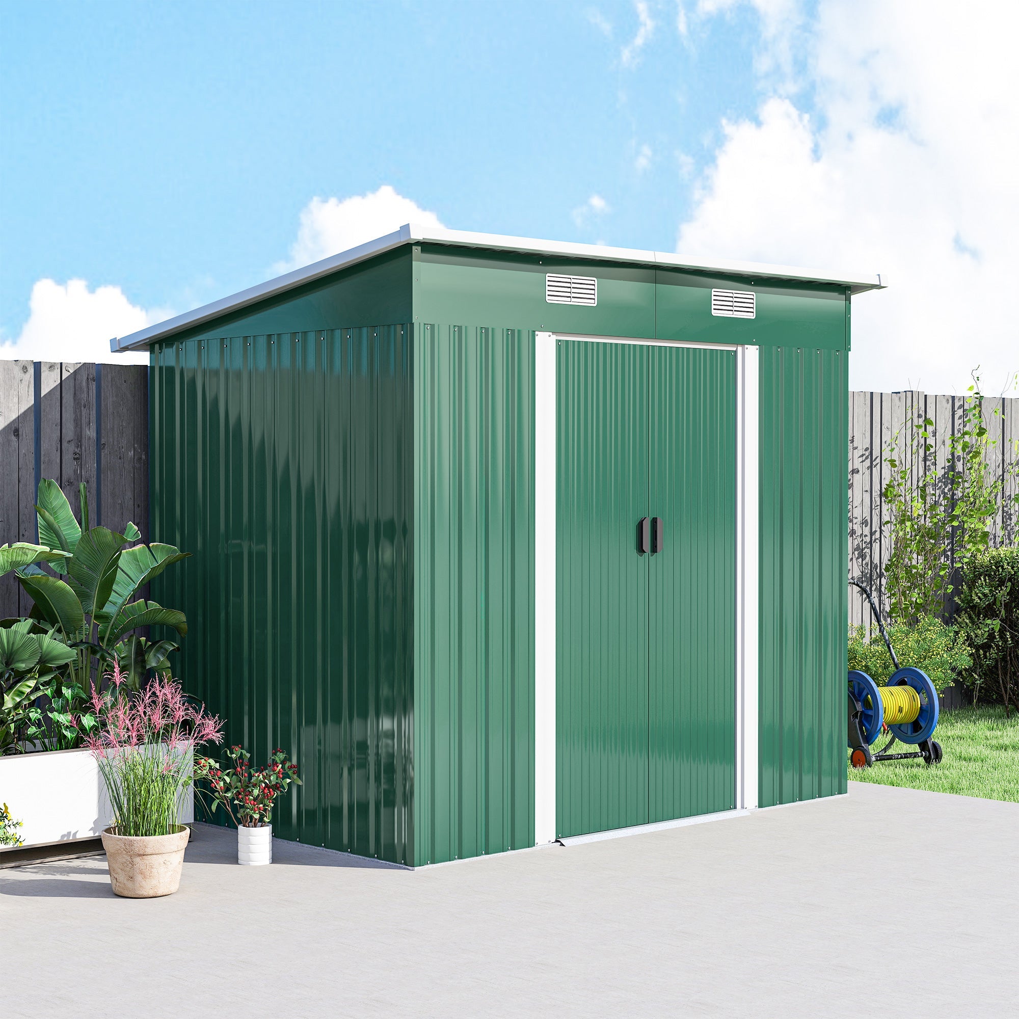 7 x 4ft Outdoor Storage Shed with Foundation Kit, Lean to Metal Garden Shed for Log, Rubbish Bin, Tool, Lawnmower, Bike, Patio and Lawn Use Outsunny