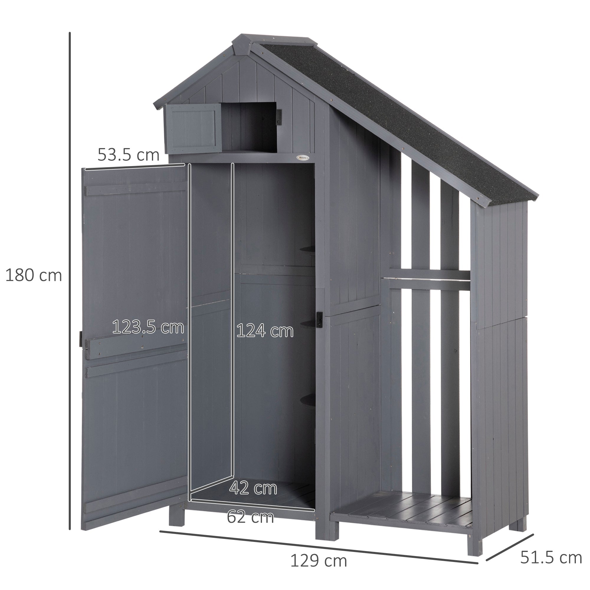 Garden Outdoor Storage Shed Outdoor Tool Shed with 3 Shelves and Tilt Roof, 129x51.5x180cm, Grey Outsunny
