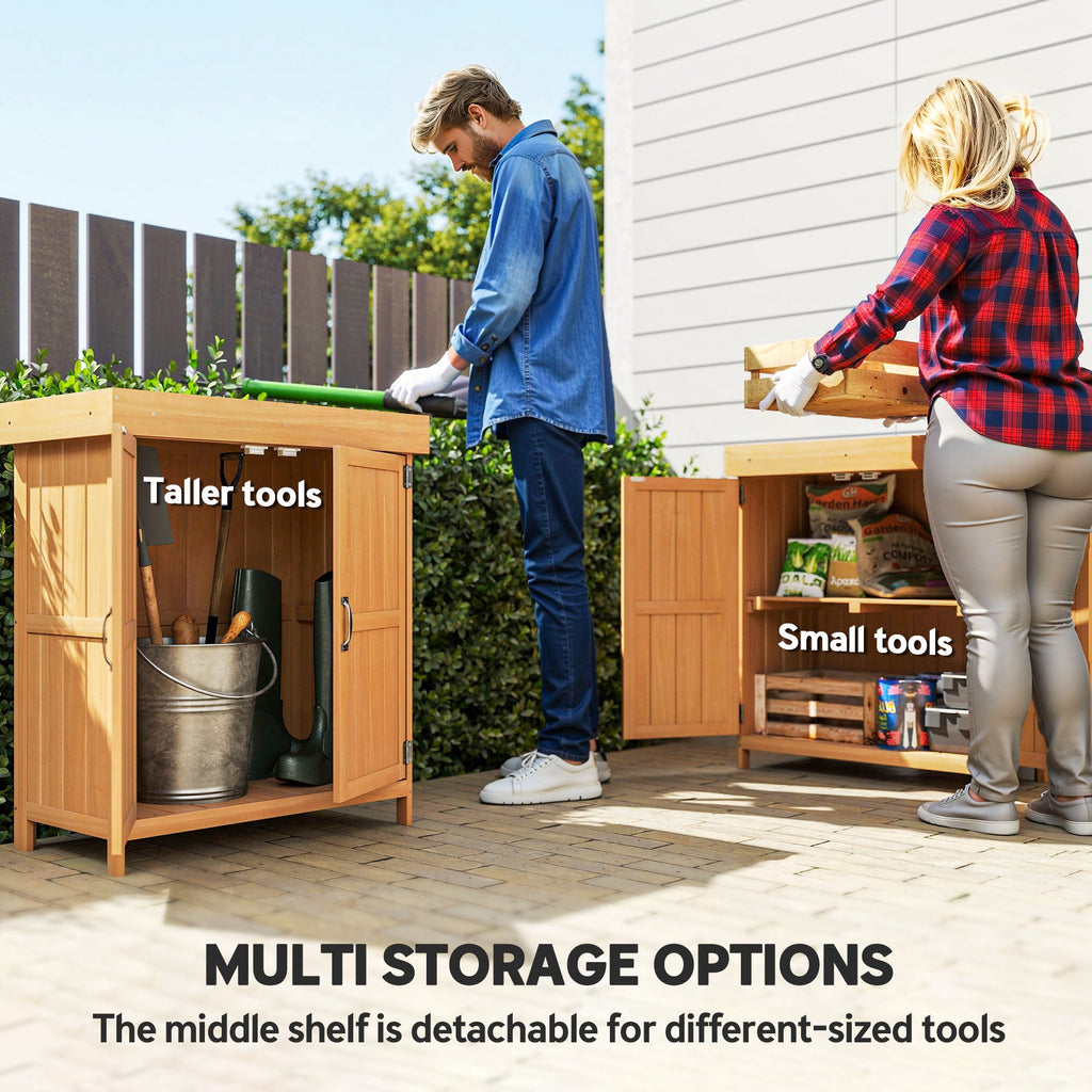 Small Shed, Wooden Garden Shed with Openable Hinged Roof and Removable Shelf, Outdoor Tool Storage Cabinet Chest with Double Doors, 74 x 43 x 88 cm, Natural Wood Finish Outsunny