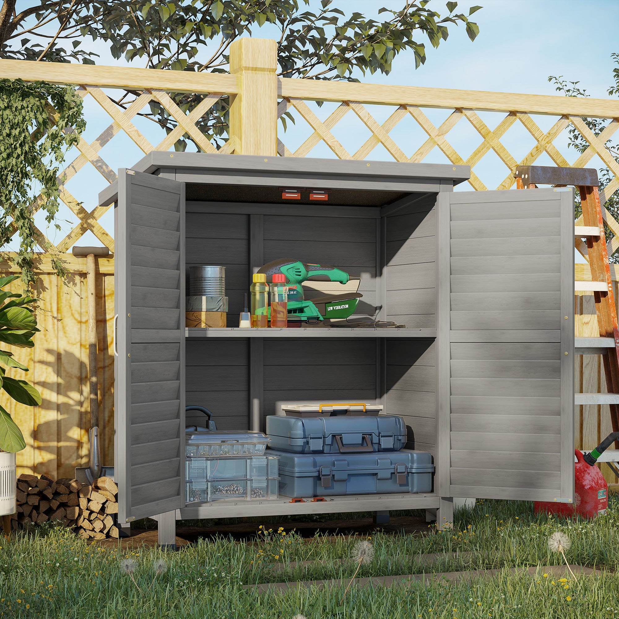 Garden Shed Wooden Garden Storage Shed 2 Door Unit Solid Fir Wood Garage Tool Organisation Cabinet, 87L x 46.5W x 96.5Hcm Outsunny
