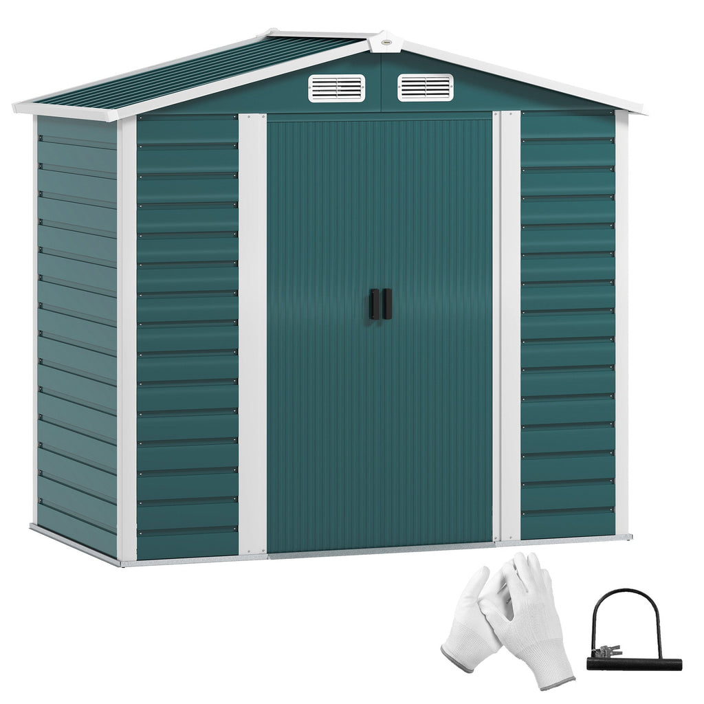 7 x 4ft Garden Shed, Easy to Assemble, Upgraded Galvanised Steel Frame with Foundation Kit, Double Doors with Lock, Outdoor Metal Shed with Vents and Gloves, Garden Storage Shed Outsunny