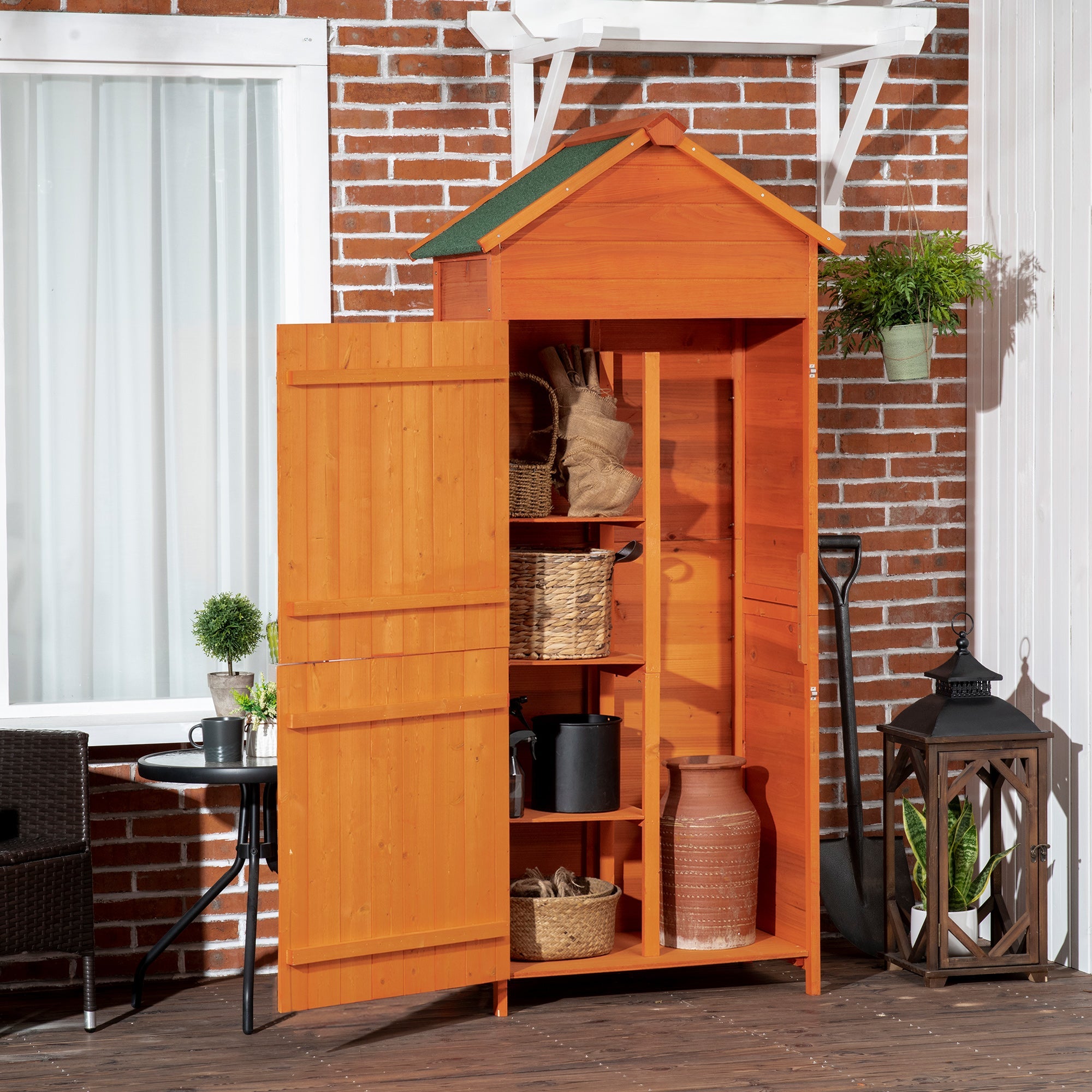 Wooden Outdoor Storage Shed, Compact Utility Outdoor Tool Shed with Lockable Double Doors and Shelves Outsunny
