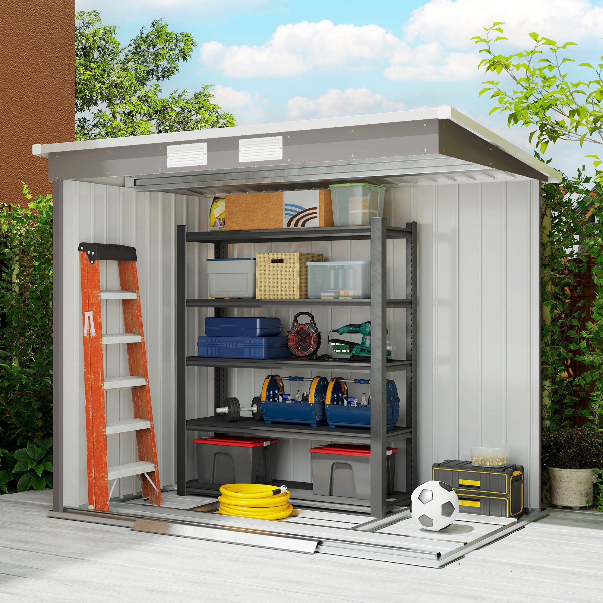 7 x 4 Garden Shed, Galvanised Steel, Metal Lean-to Tool Shed with Foundation Kit Outsunny