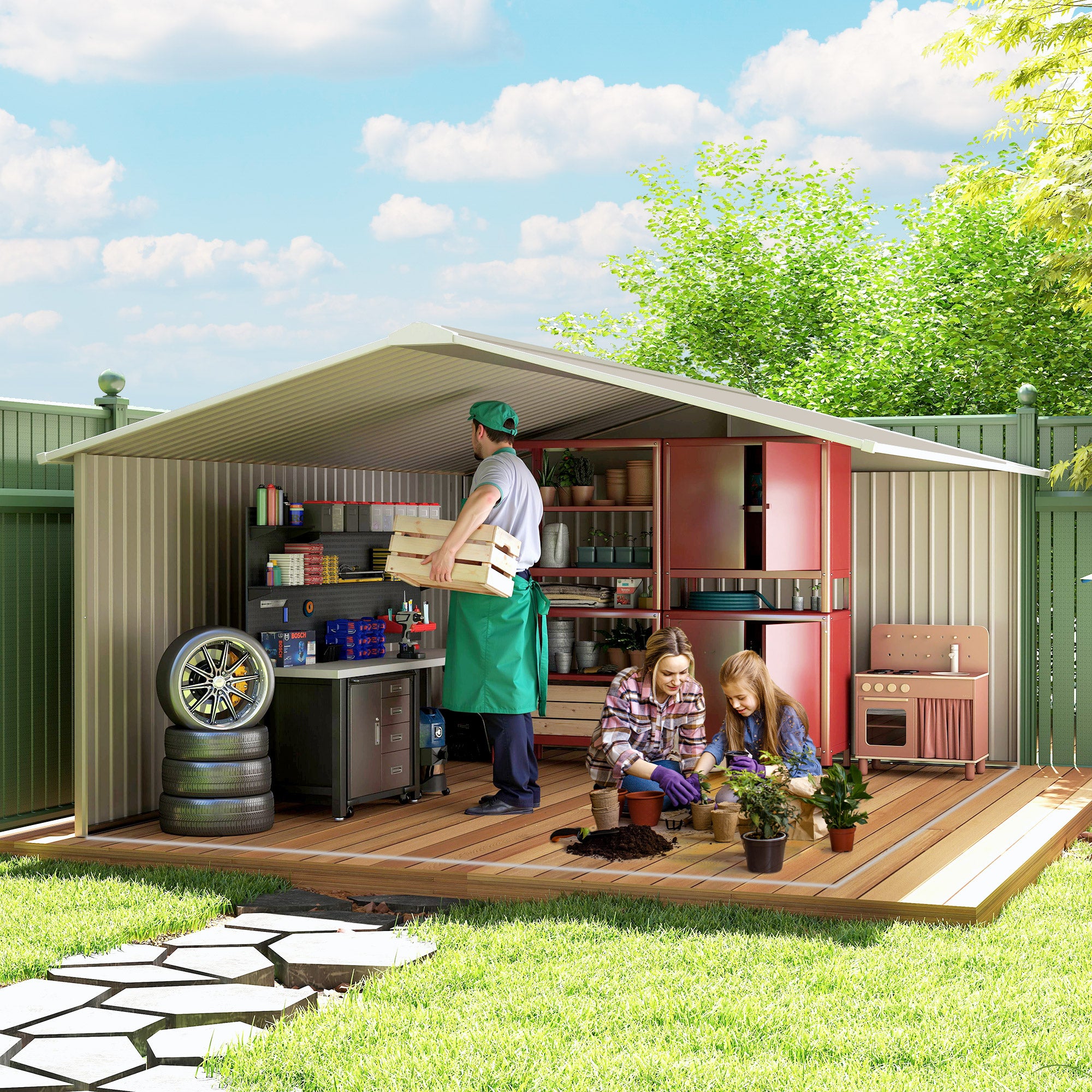13 x 11ft Large Garden Shed, Mental Garden Storage Shed with Foundation Kit Ventilation & Doors