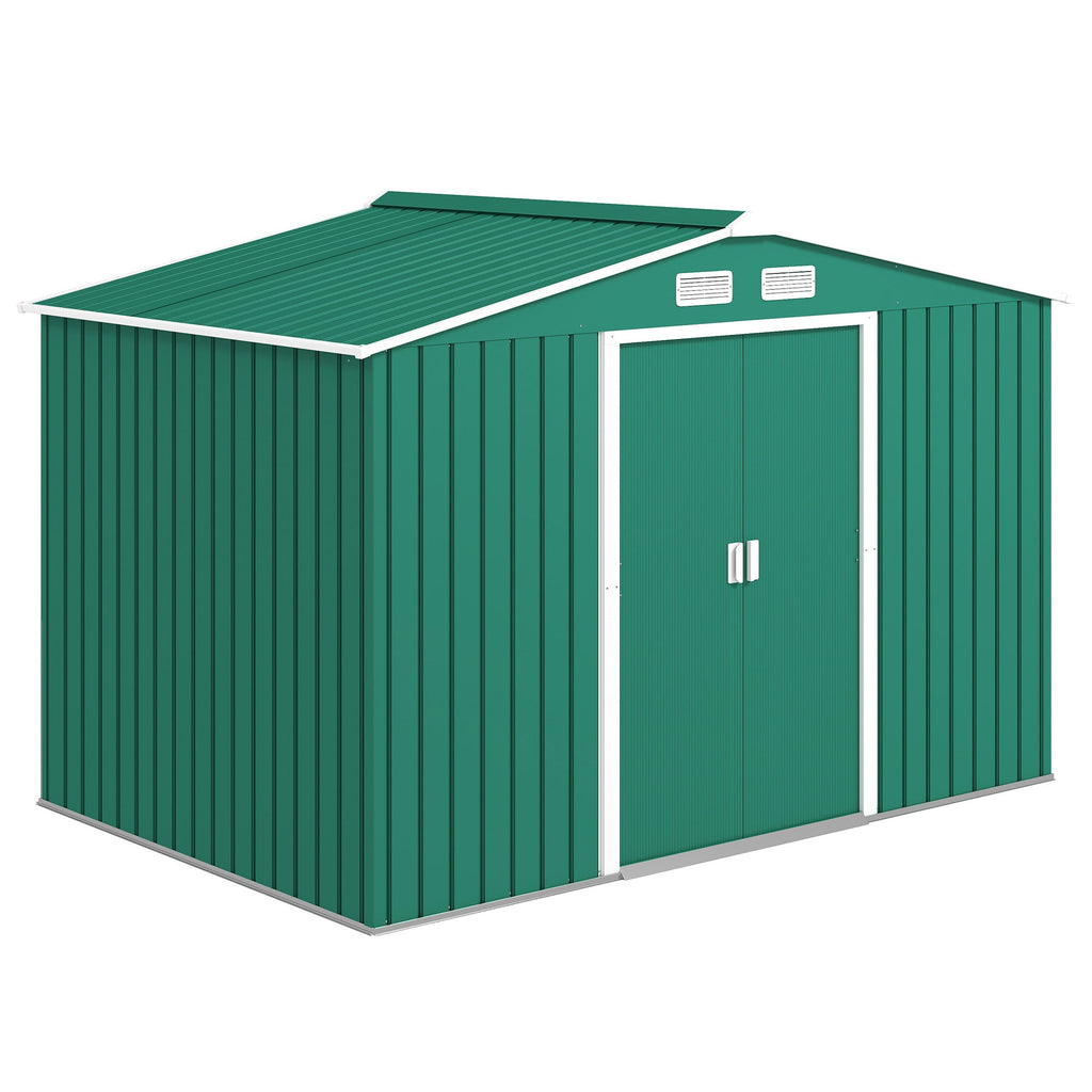 9 x 6ft Metal Garden Shed, Outdoor Storage Tool House with Ventilation Slots, Foundation Kit and Lockable Double Doors, Green Outsunny