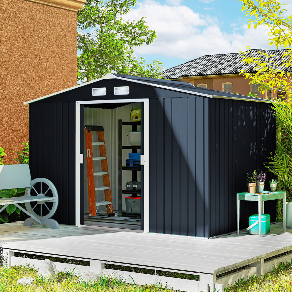 9 x 6ft Metal Bicycle Shed, Outdoor Storage Tool House with Ventilation Slots, Foundation Kit and Lockable Double Doors Outsunny