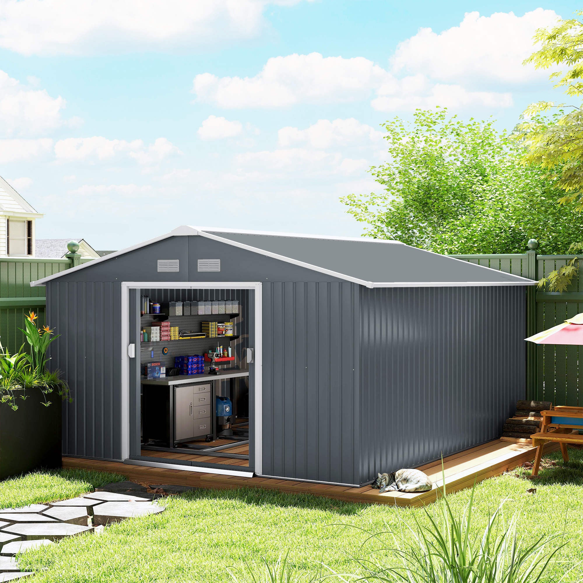 13 x 11ft Metal Garden Shed, Outdoor Storage Tool House with Ventilation Slots, Foundation Kit and Lockable Double Doors