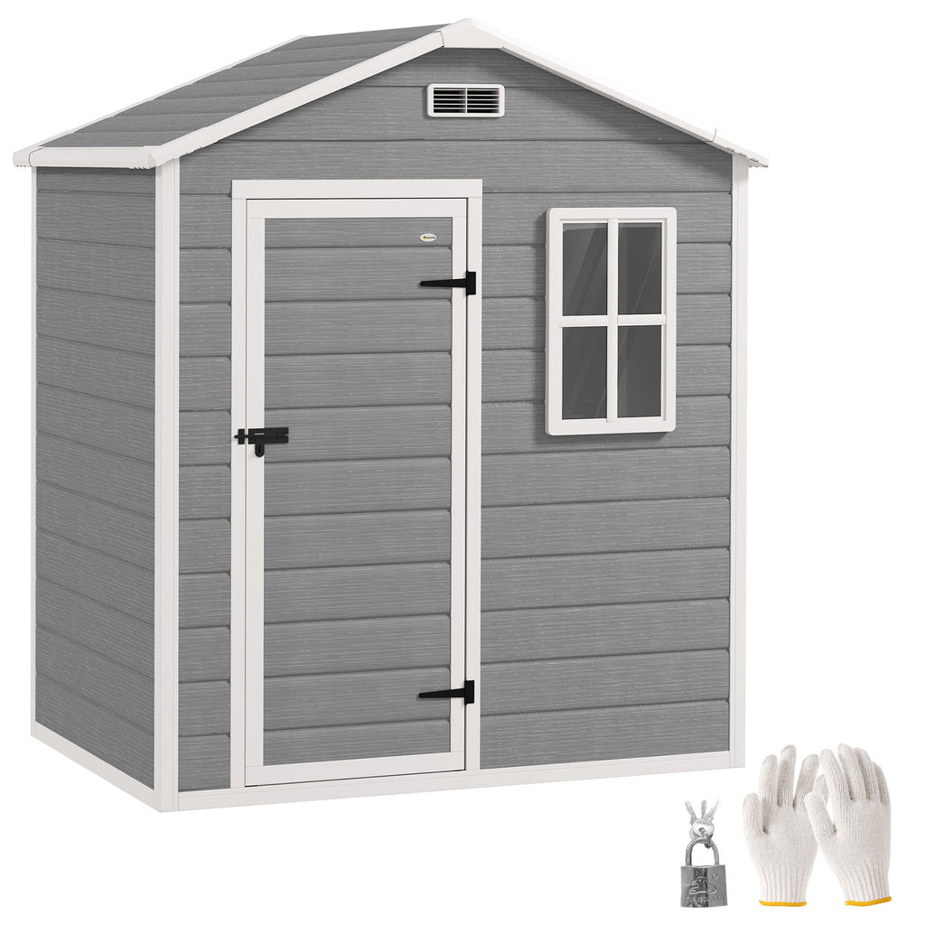 6 x 4ft Garden Shed, Plastic Shed with Floor, Window, Lockable Door and Vents, Wood Effect Resin Tool Shed for Outdoor, Grey Outsunny