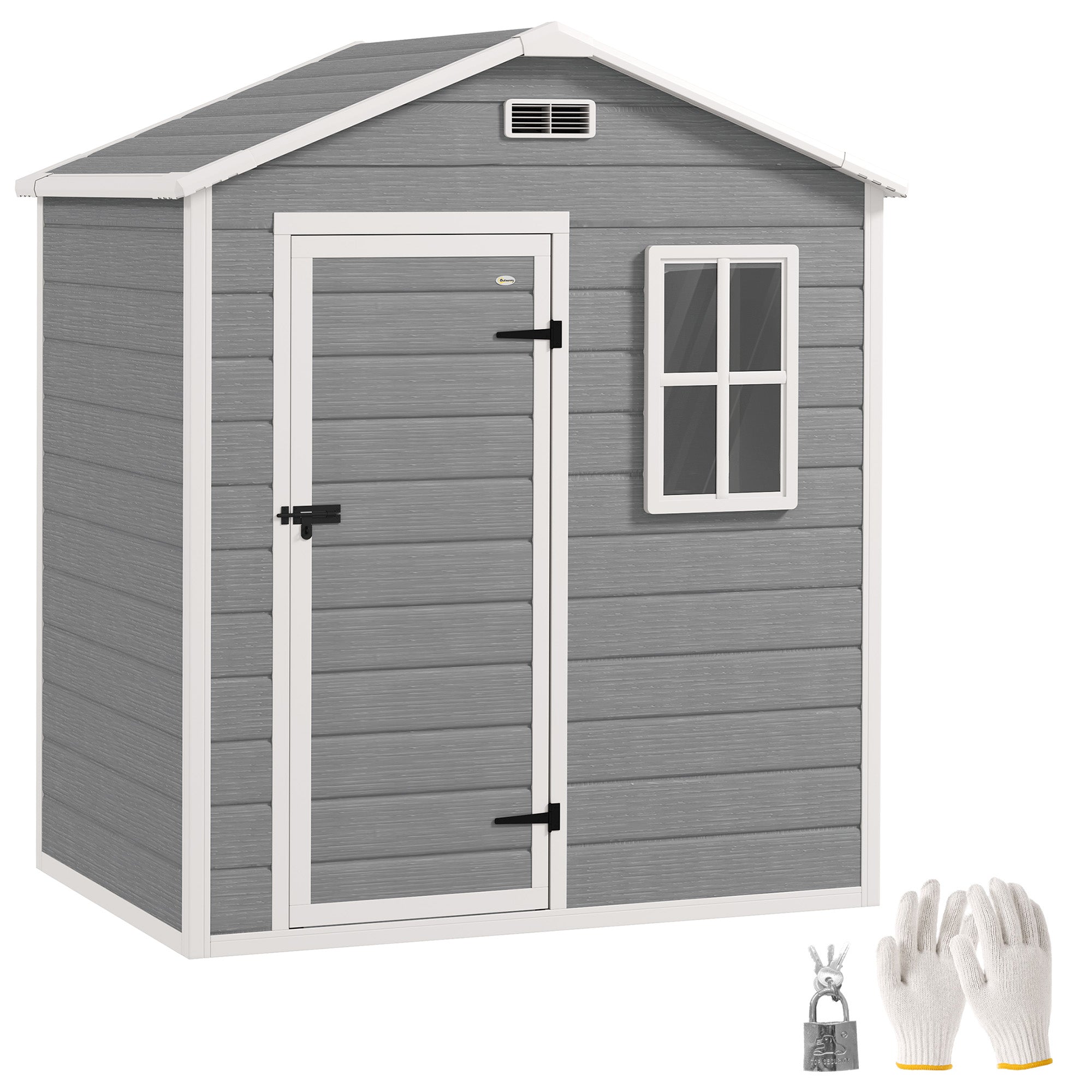 6 x 4ft Garden Shed, Plastic Shed with Floor, Window, Lockable Door and Vents, Wood Effect Resin Tool Shed for Outdoor, Grey Outsunny