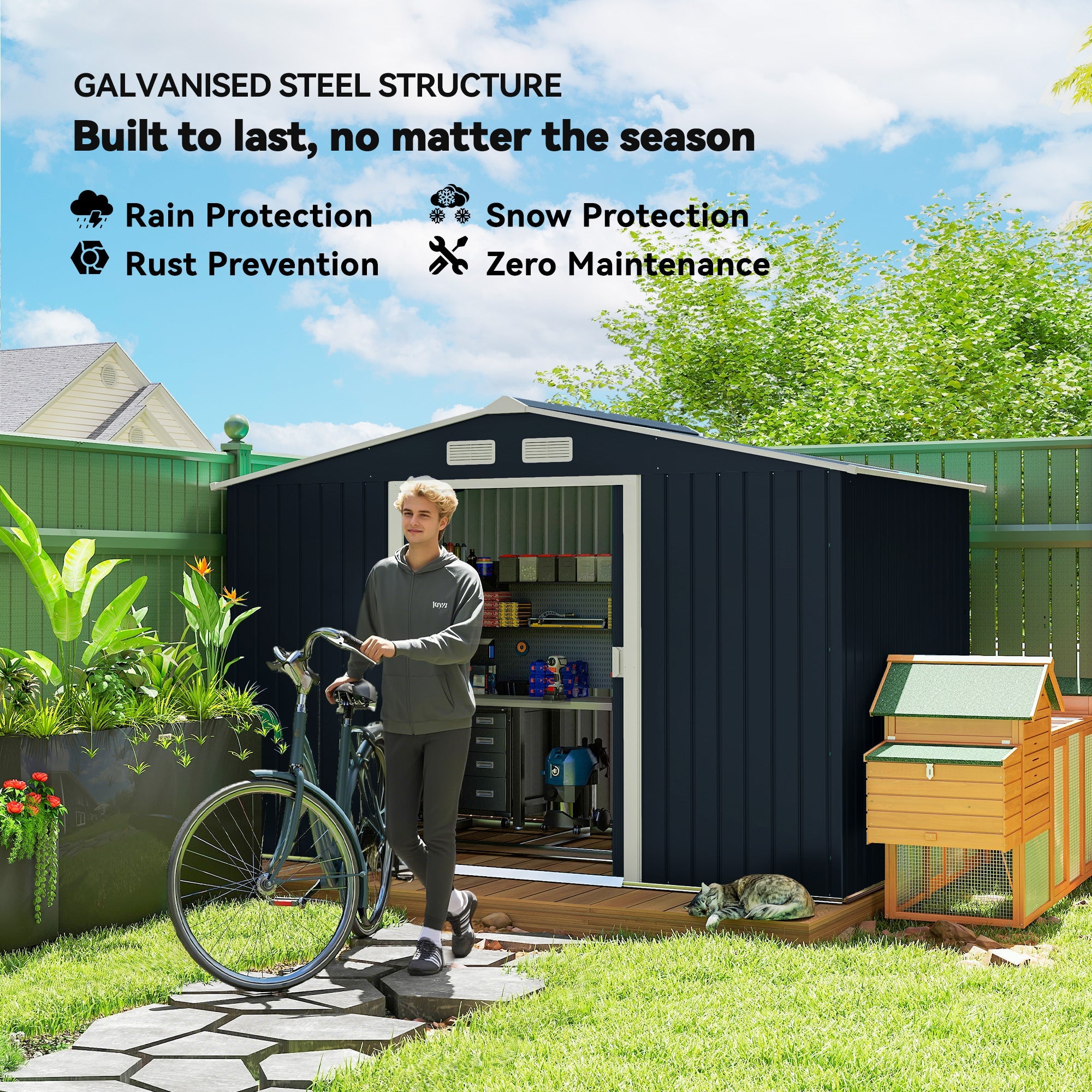 9 x 6ft Metal Bicycle Shed, Outdoor Storage Tool House with Ventilation Slots, Foundation Kit and Lockable Double Doors Outsunny