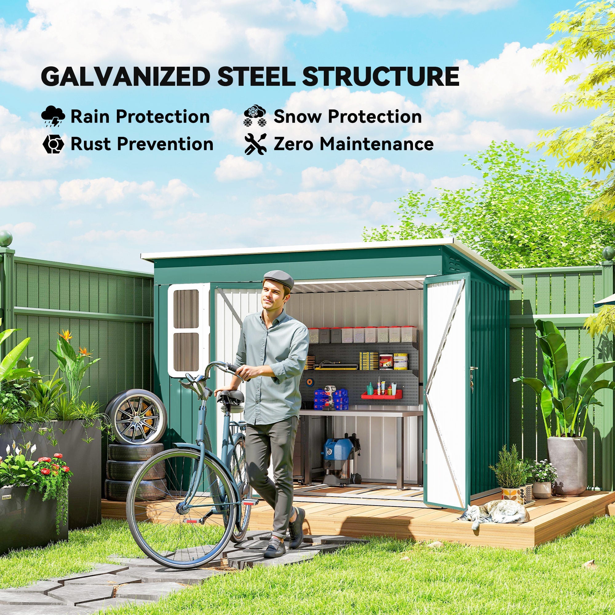 8.5 x 6ft Storage Shed Galvanised Steel Garden Shed, Metal Shed with Foundation Kit, Window, Lockable Wide Doors and Air Vents for Outdoor Patio Outsunny