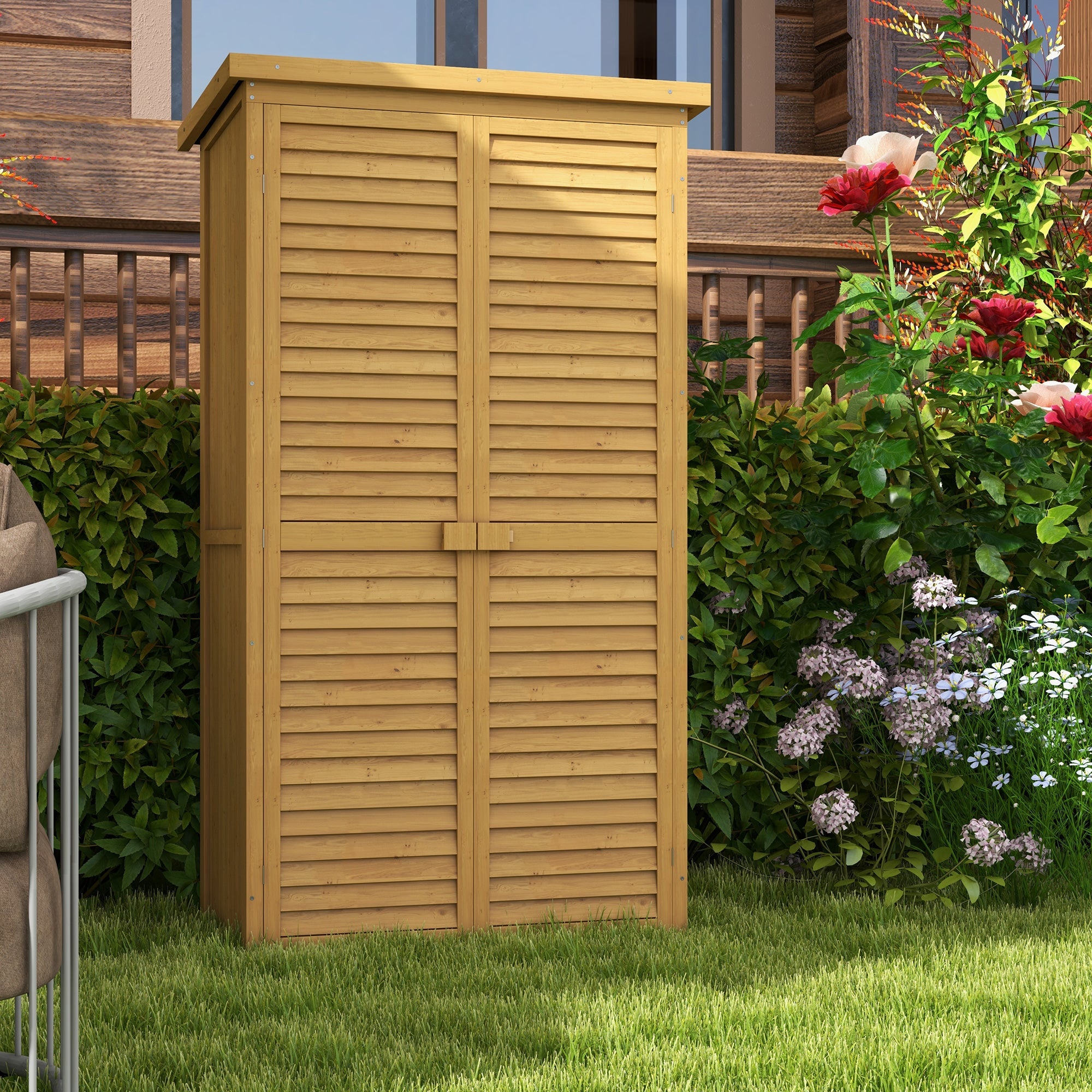 Wooden Garden Storage Shed, Compact Utility Sentry Unit, 3-Tier Shelves Tool Cabinet Organizer with Asphalt Roof and Shutter Design, 87cm x 47cm x 160cm Outsunny