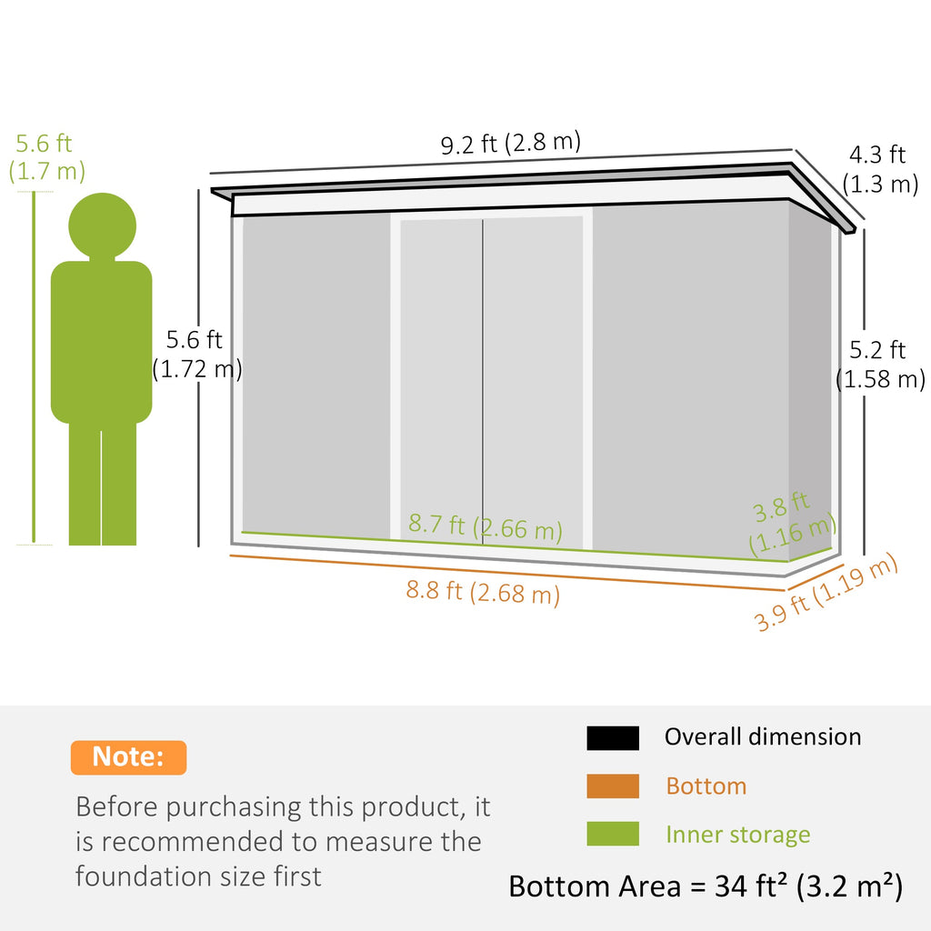 9ft x 4ft Metal Garden Shed, Outdoor Tool House with Foundation Kit, Ventilations and Double Doors Outsunny