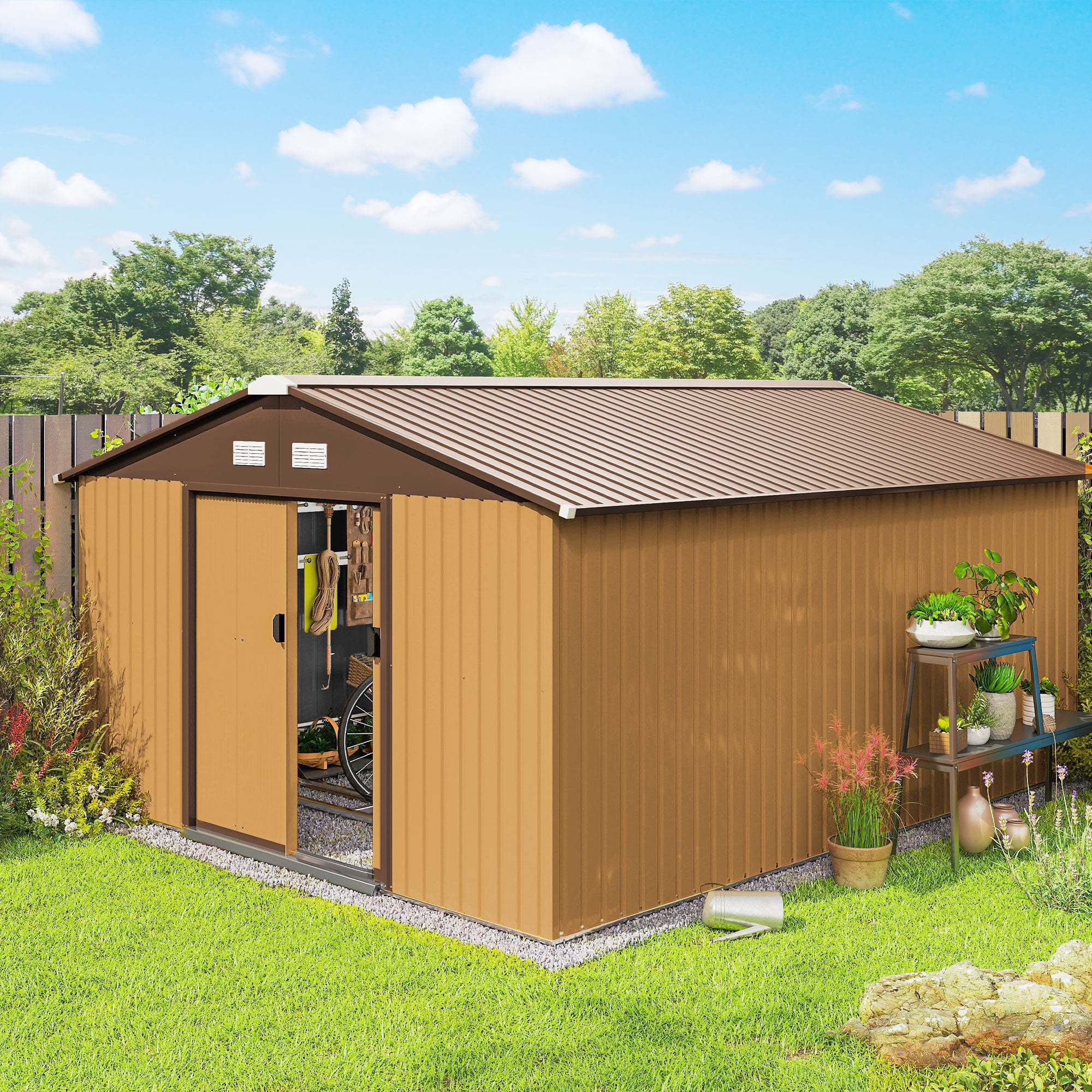 13 x 11ft Metal Garden Shed, Outdoor Storage Tool House with Ventilation Slots, Foundation Kit and Lockable Double Doors