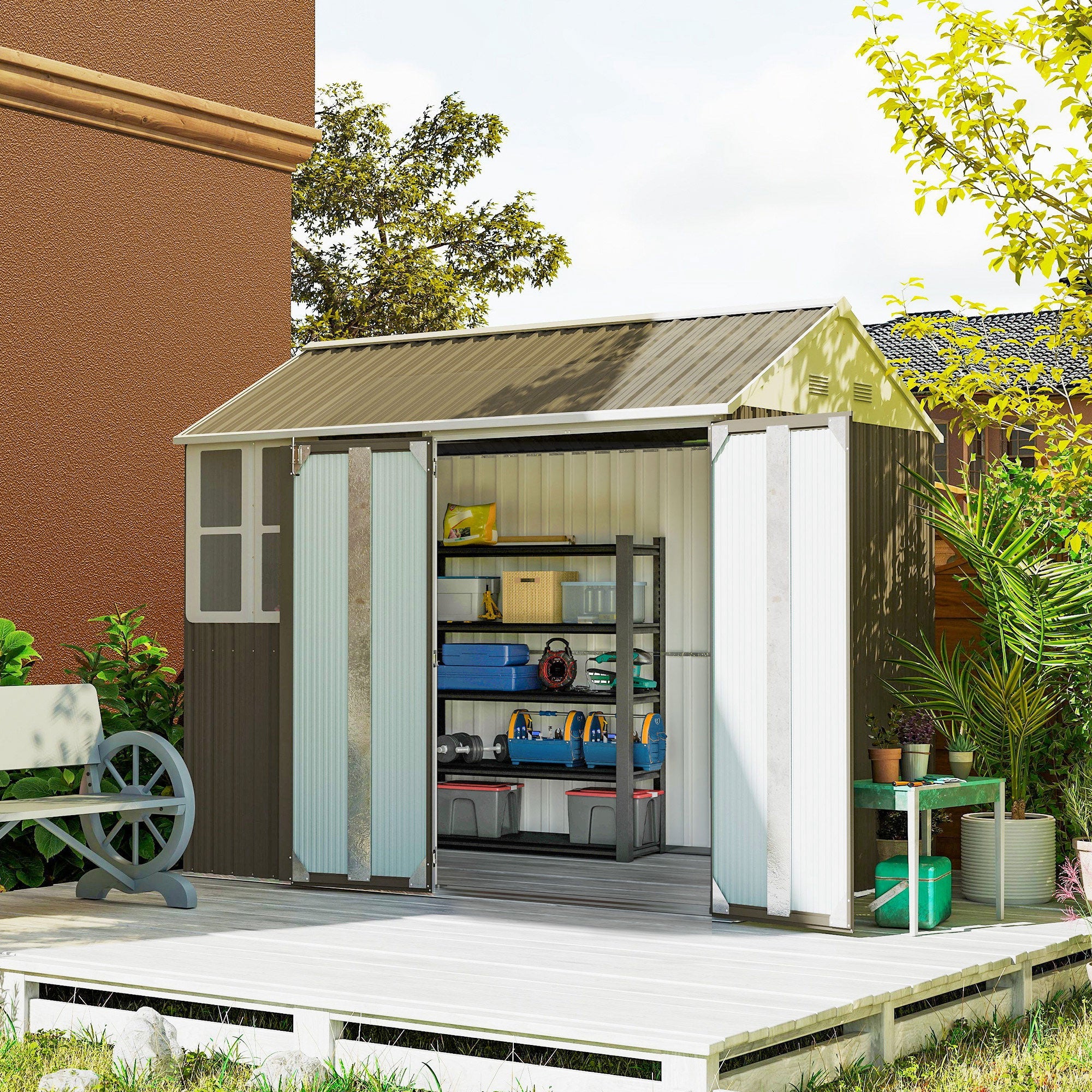 8 x 6 ft Galvanised Garden Shed, Outsoor Metal Storage Shed with Double Doors Window Air Vents for Patio, Lawn Outsunny
