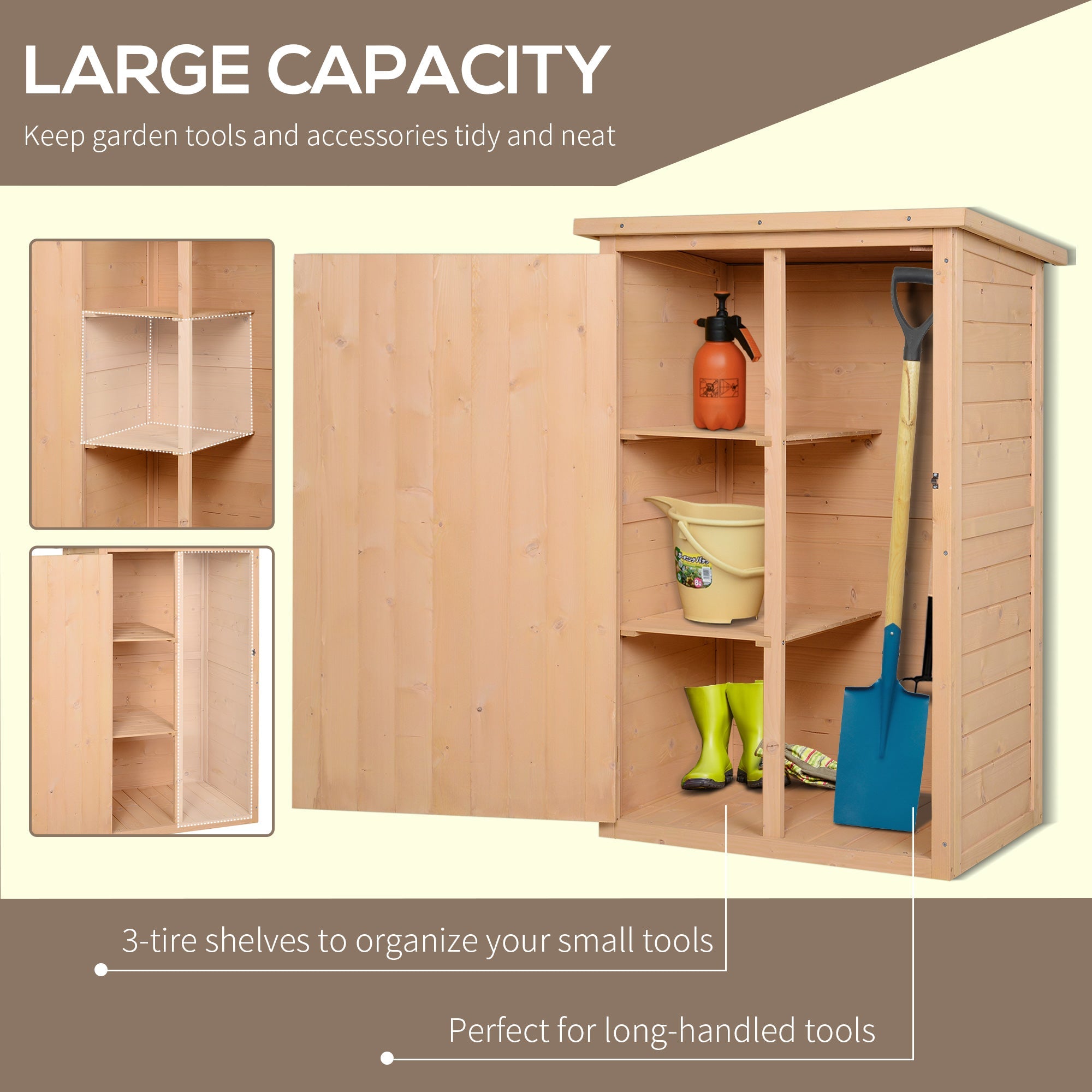 Wooden Small Shed, Garden Storage Shed with Shelves and Bolt Latch, 75L x 56W x115H cm, Natural Outsunny