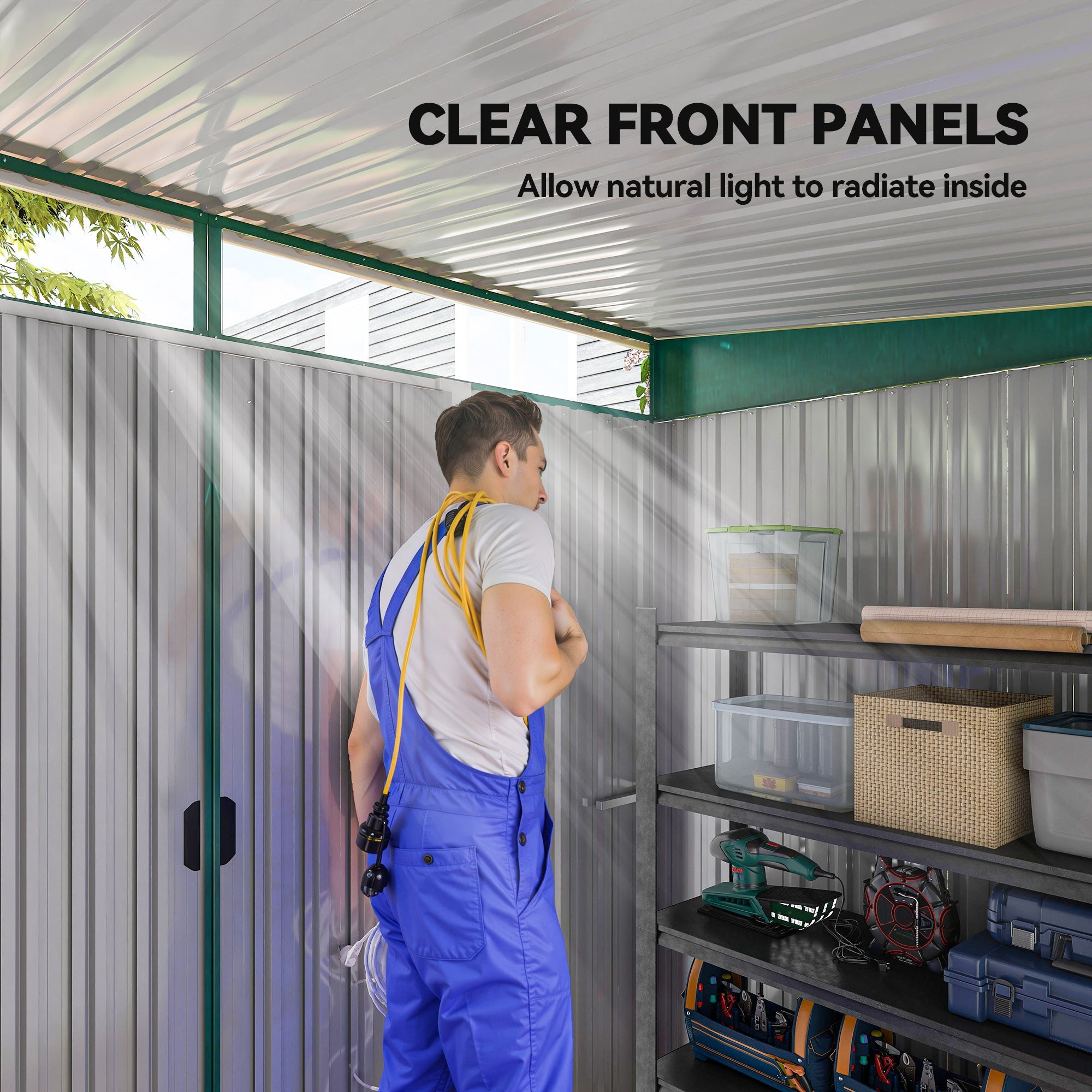 8.5 x 6ft Metal Shed with Lightsky Panels, Garden Storage Tool House with Double Doors for Garden, Patio and Lawn Outsunny