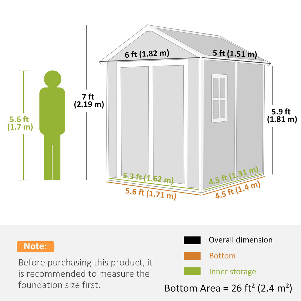 6 x 5ft Garden Shed, Plastic Shed with Floor, Window, Lockable Doors and Vents, Wood Effect Resin Tool Shed for Outdoor Patio Outsunny