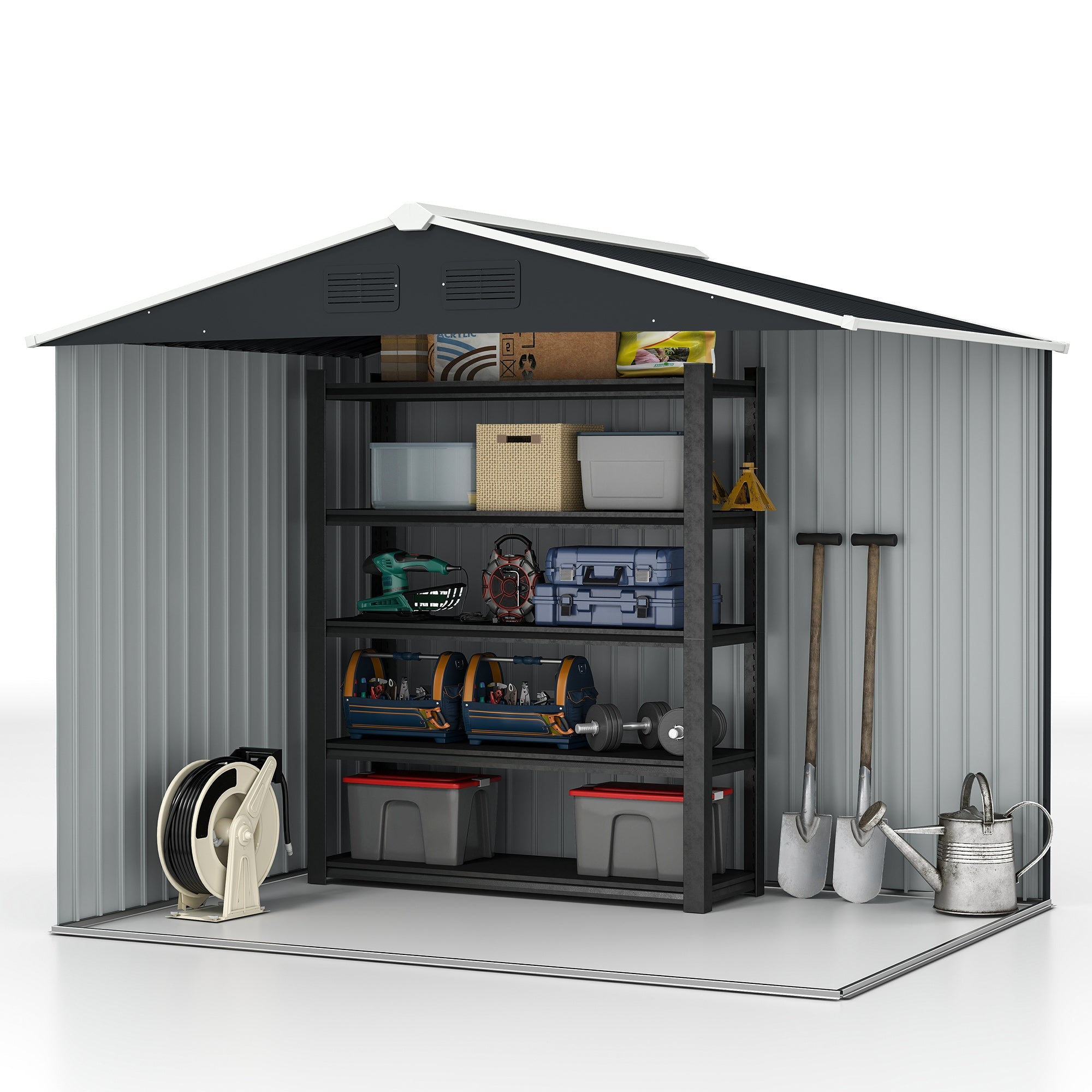 7.7 x 5.7ft Metal Garden Shed, Galvanised Outdoor Tool Storage House with Ventilation Slots and Sliding Doors Outsunny