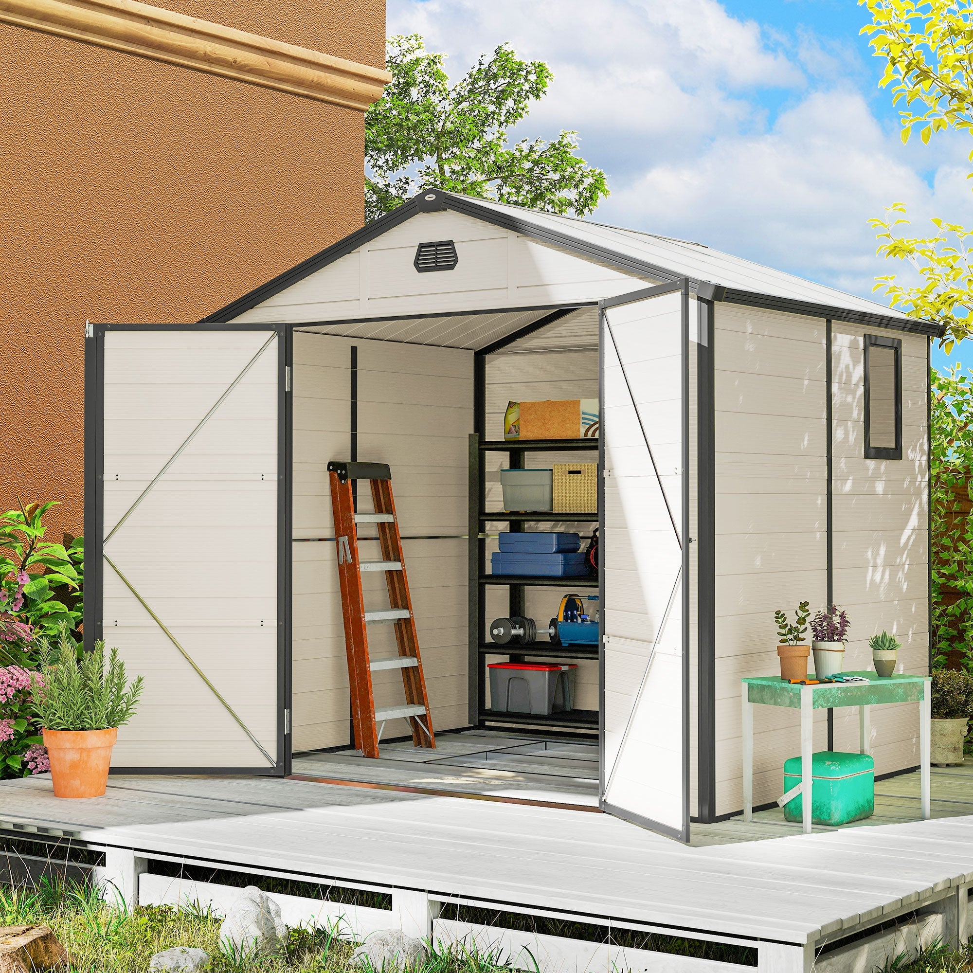 7.9ft x 6.2ft Aluminium Frame and Plastic Wall Shed, with Foundation - Cream White Outsunny