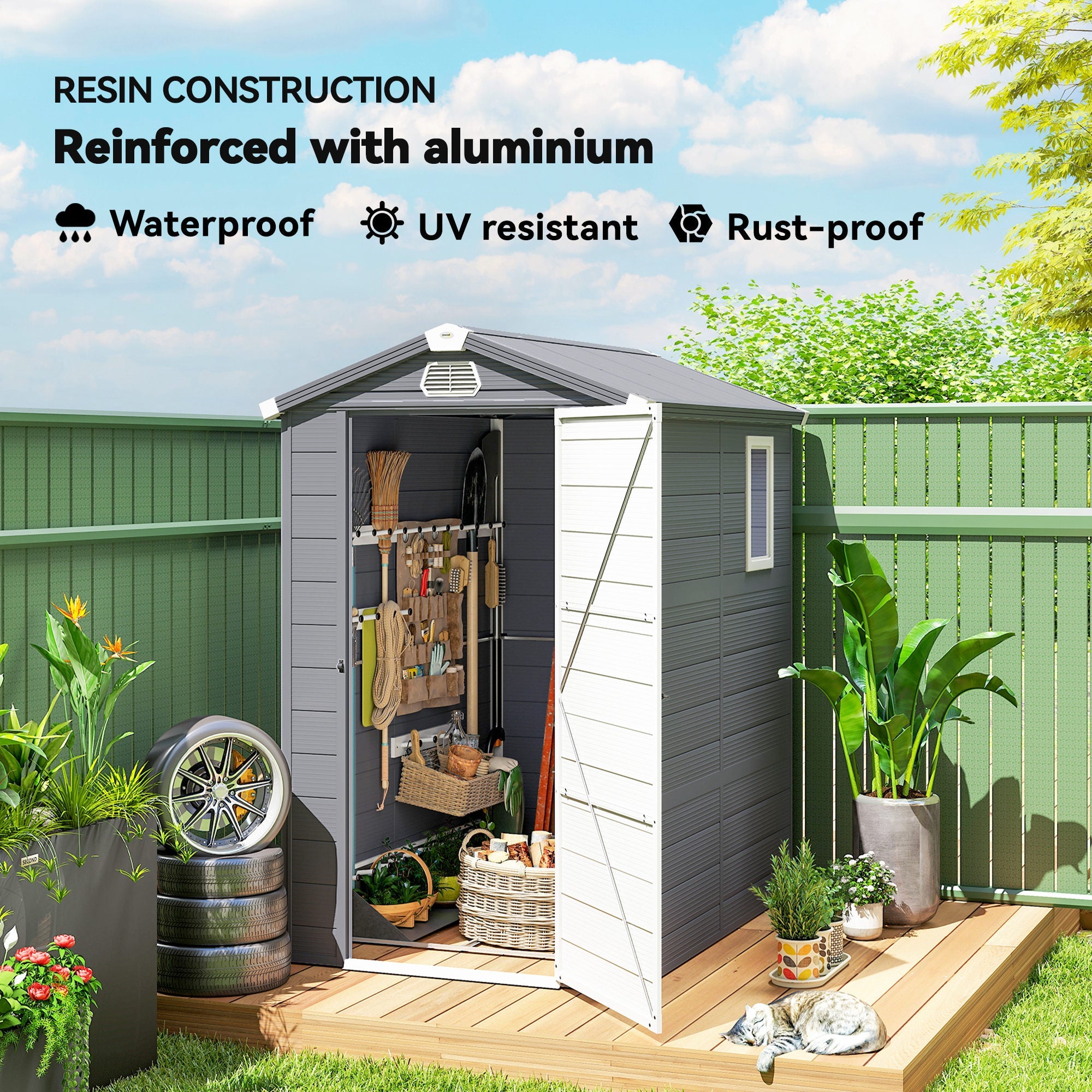 4.4ft x 6.2ft Aluminium Frame and Plastic Wall Shed, with Foundation Outsunny