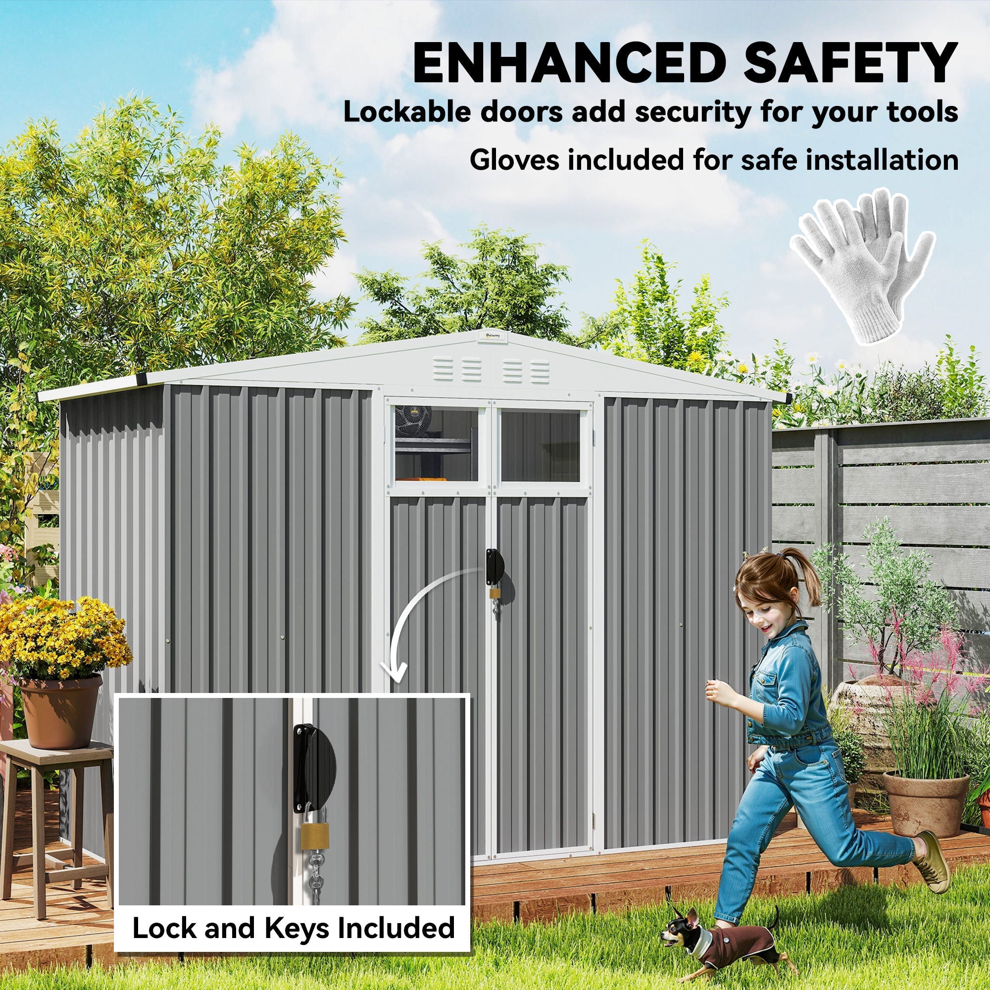 8 x 4 ft Metal Garden Shed, Garden Storage Shed with Window, 4 Vents and Lockable Door, Waterproof Galvanised Steel Tool Storage Shed Outsunny