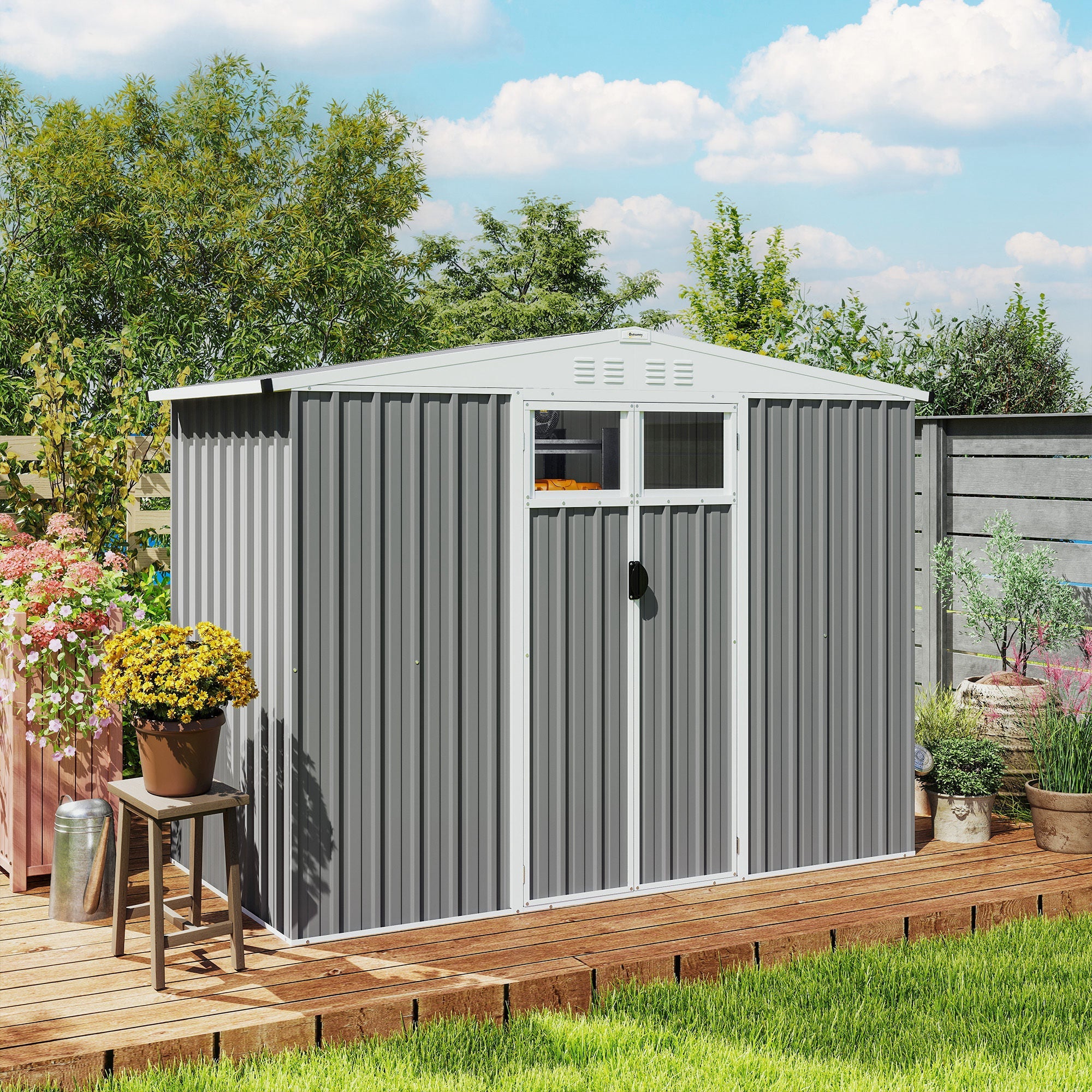 8 x 4 ft Metal Garden Shed, Garden Storage Shed with Window, 4 Vents and Lockable Door, Waterproof Galvanised Steel Tool Storage Shed Outsunny