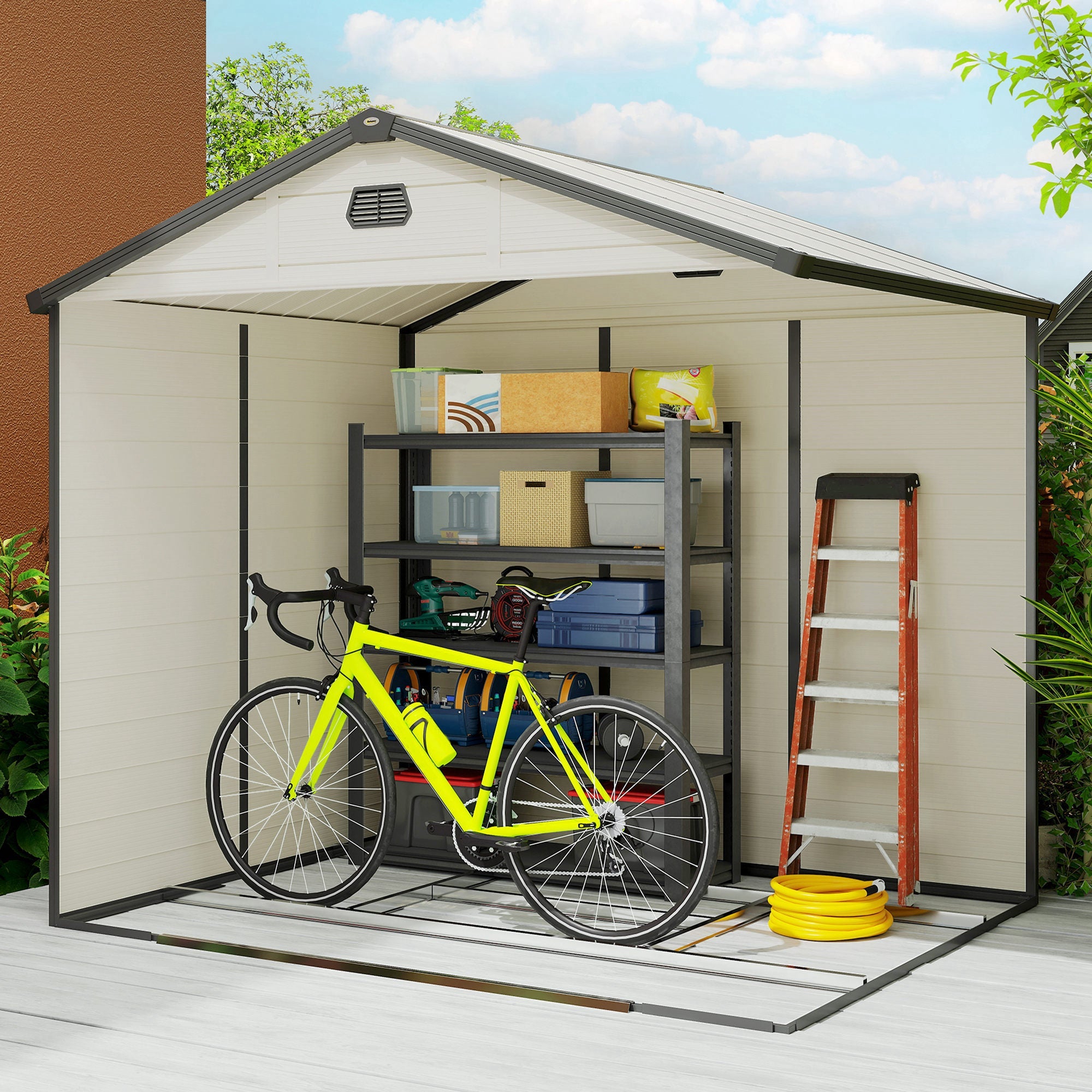 7.9ft x 6.2ft Aluminium Frame and Plastic Wall Shed, with Foundation - Cream White Outsunny