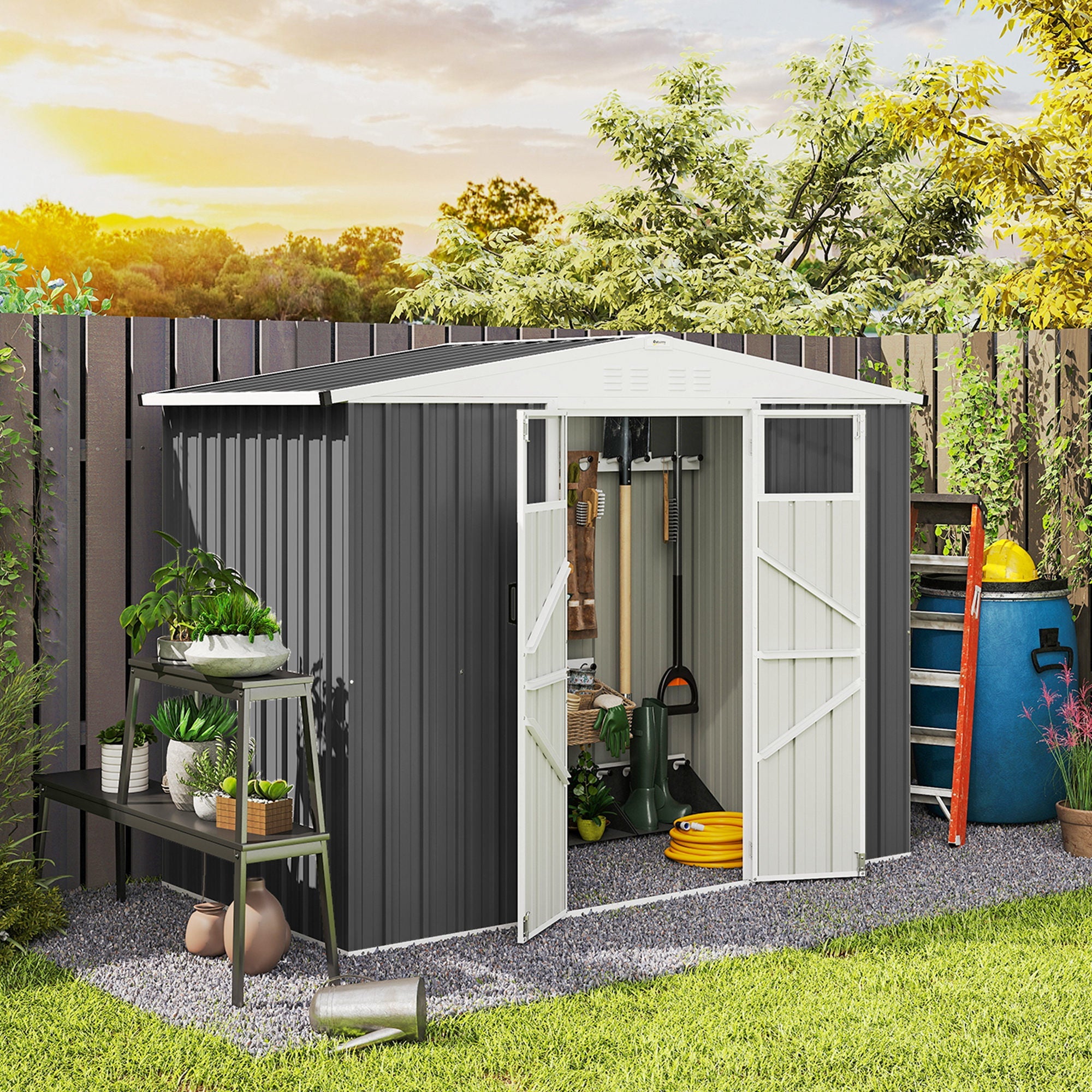 8 x 4 ft Metal Garden Shed, Garden Storage Shed with Window, 4 Vents and Lockable Door, Waterproof Galvanised Steel Tool Storage Cabinet Outsunny