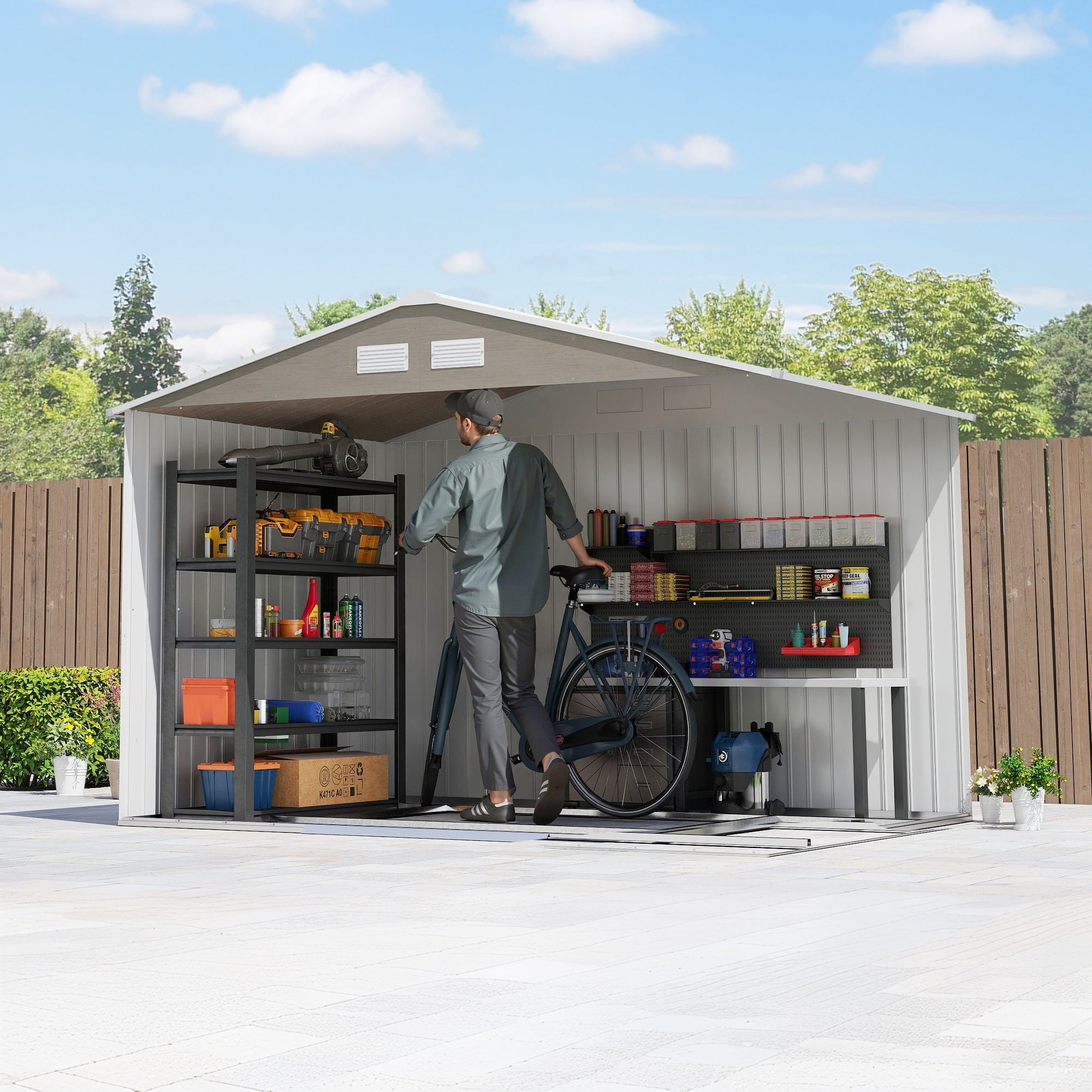 9 x 6ft Steel Garden Shed, Outdoor Storage Tool House with Vents, Foundation and Lockable Double Doors Outsunny