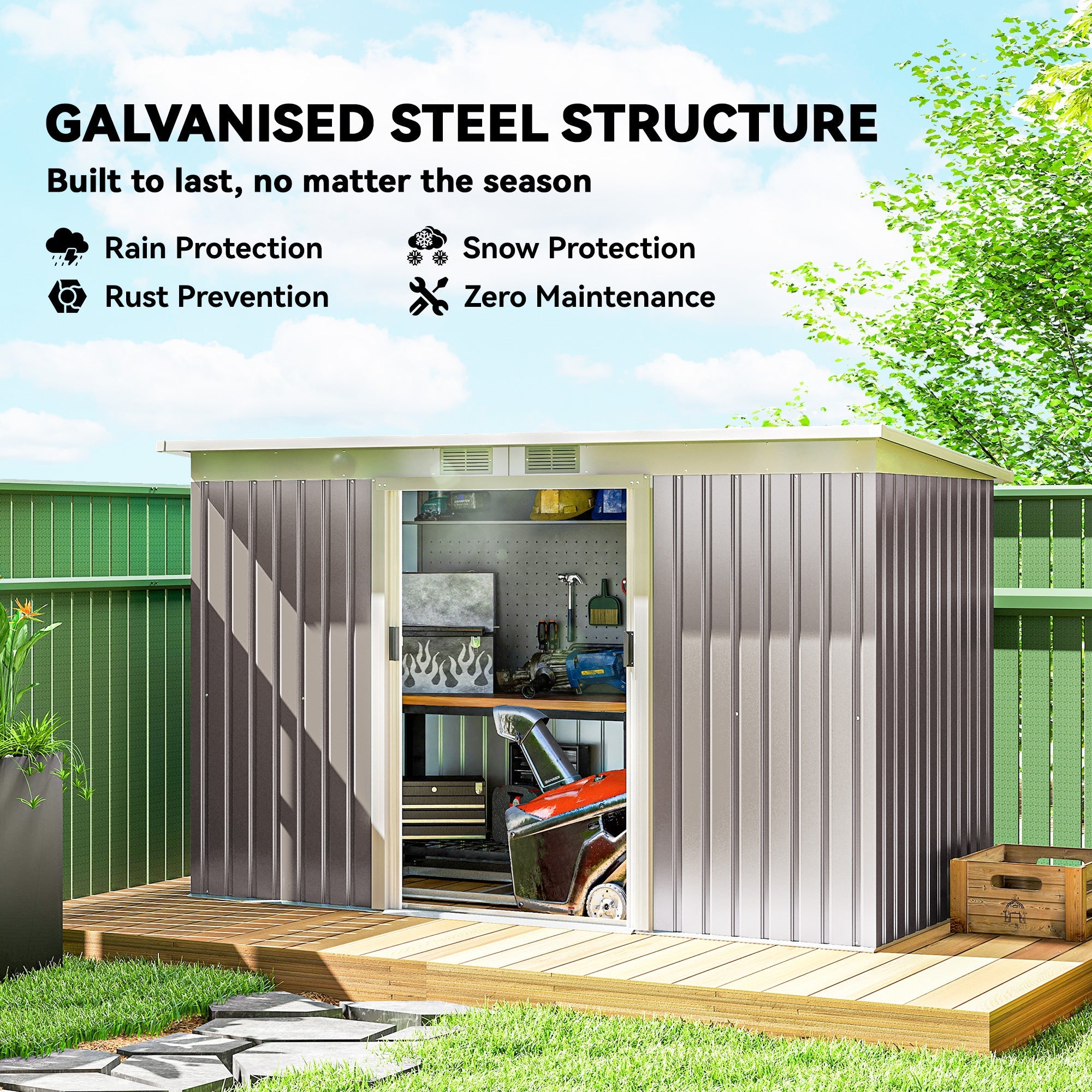 Corrugated Garden Shed 9 x 4 Ventilated Lockable Tool Shed for Outdoor Equipment Outsunny