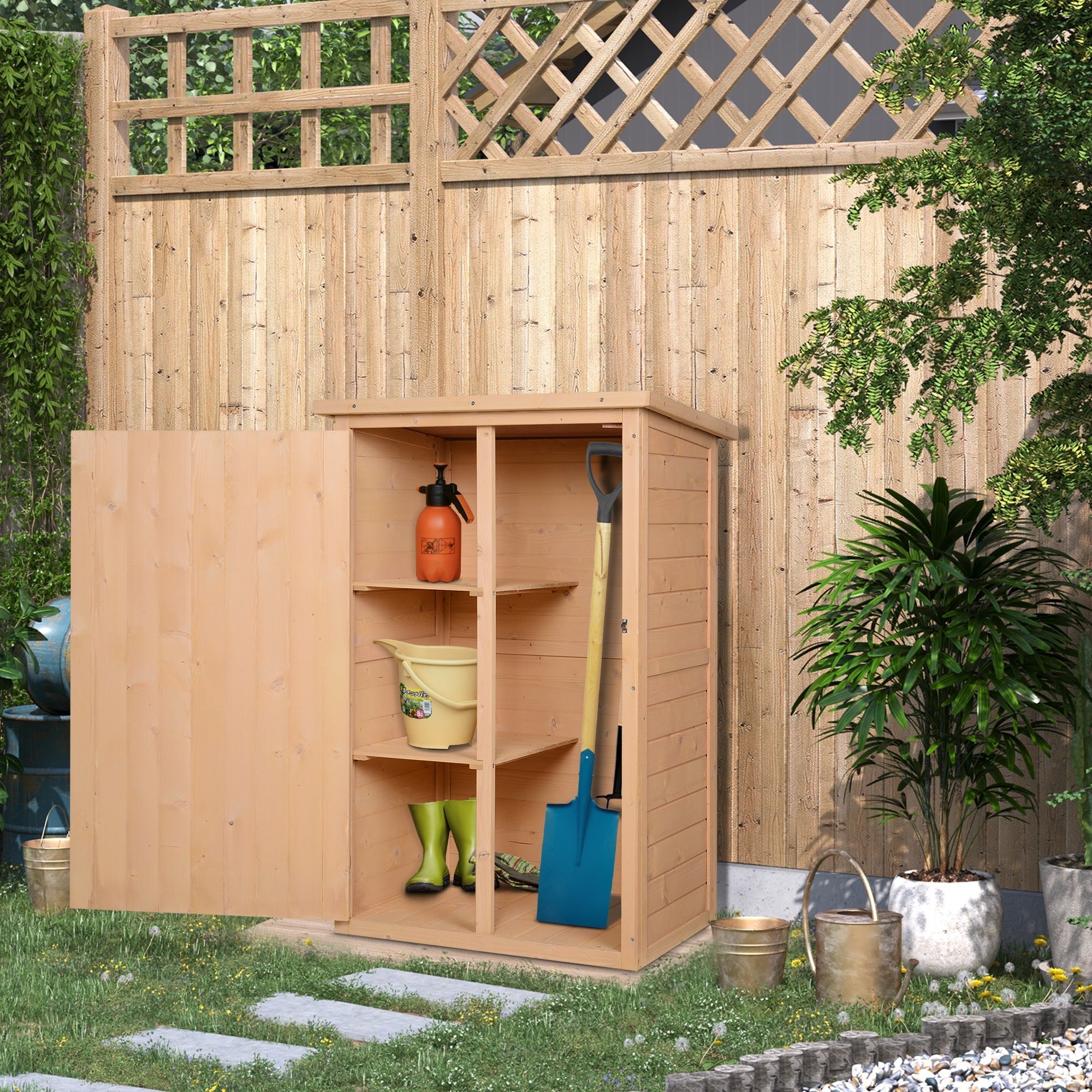 Wooden Small Shed, Garden Storage Shed with Shelves and Bolt Latch, 75L x 56W x115H cm, Natural Outsunny