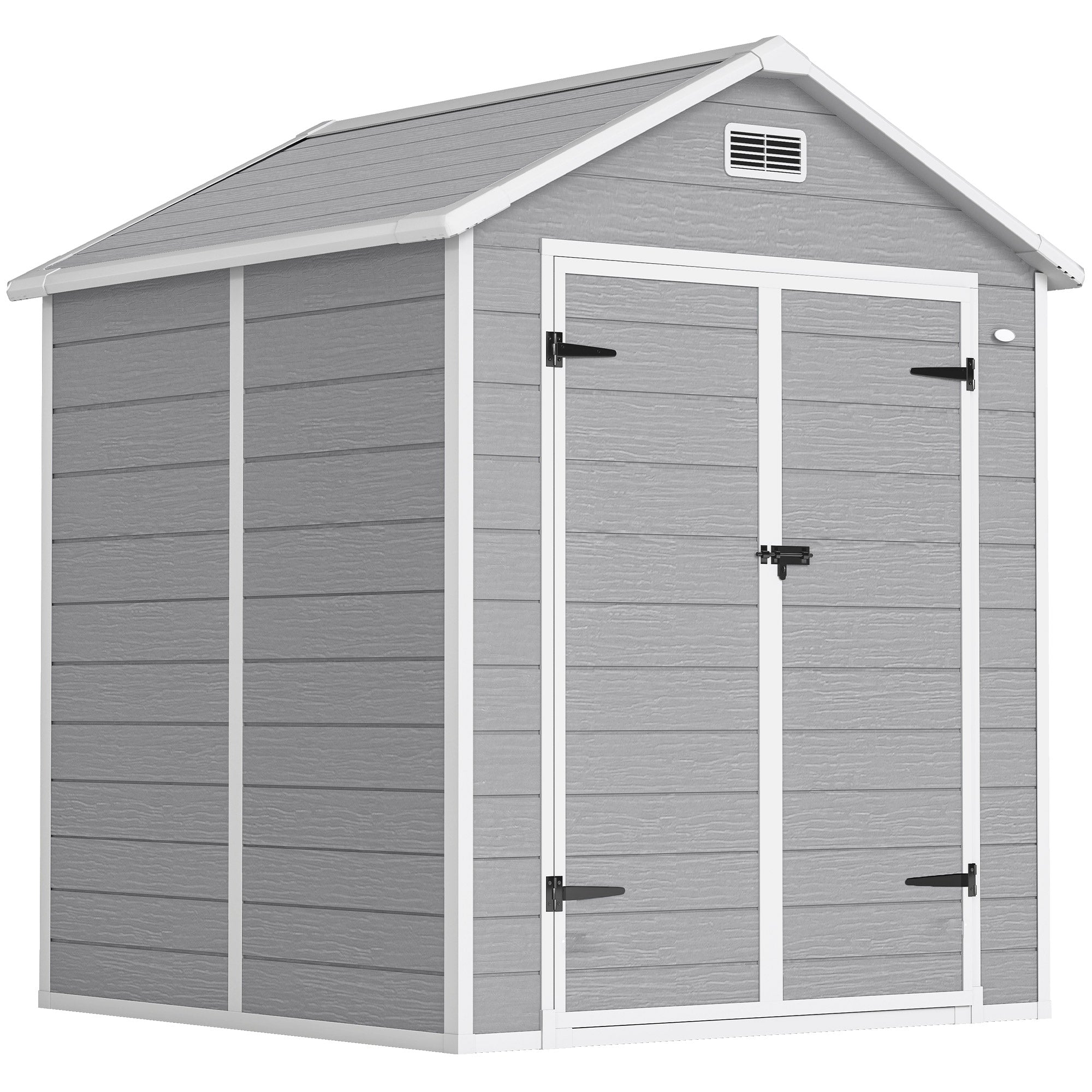 6 x 5ft Garden Shed, Plastic Shed with Floor, Window, Lockable Doors and Vents, Wood Effect Resin Tool Shed for Outdoor Patio Outsunny