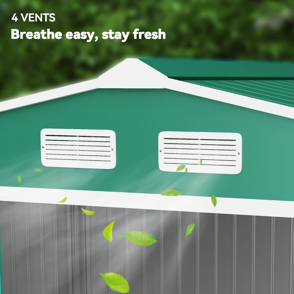 9 x 6ft Metal Garden Shed, Outdoor Storage Tool House with Ventilation Slots, Foundation Kit and Lockable Double Doors, Green Outsunny