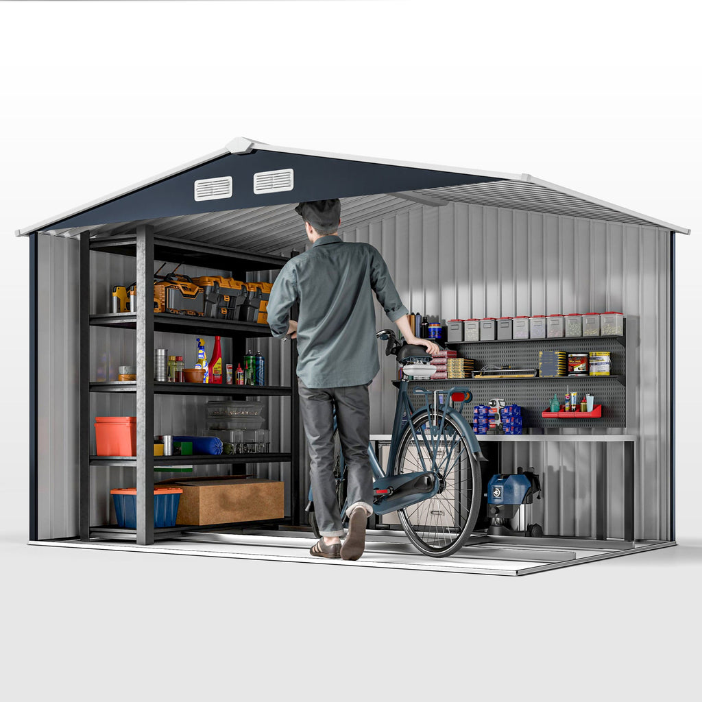 9 x 6ft Metal Bicycle Shed, Outdoor Storage Tool House with Ventilation Slots, Foundation Kit and Lockable Double Doors Outsunny