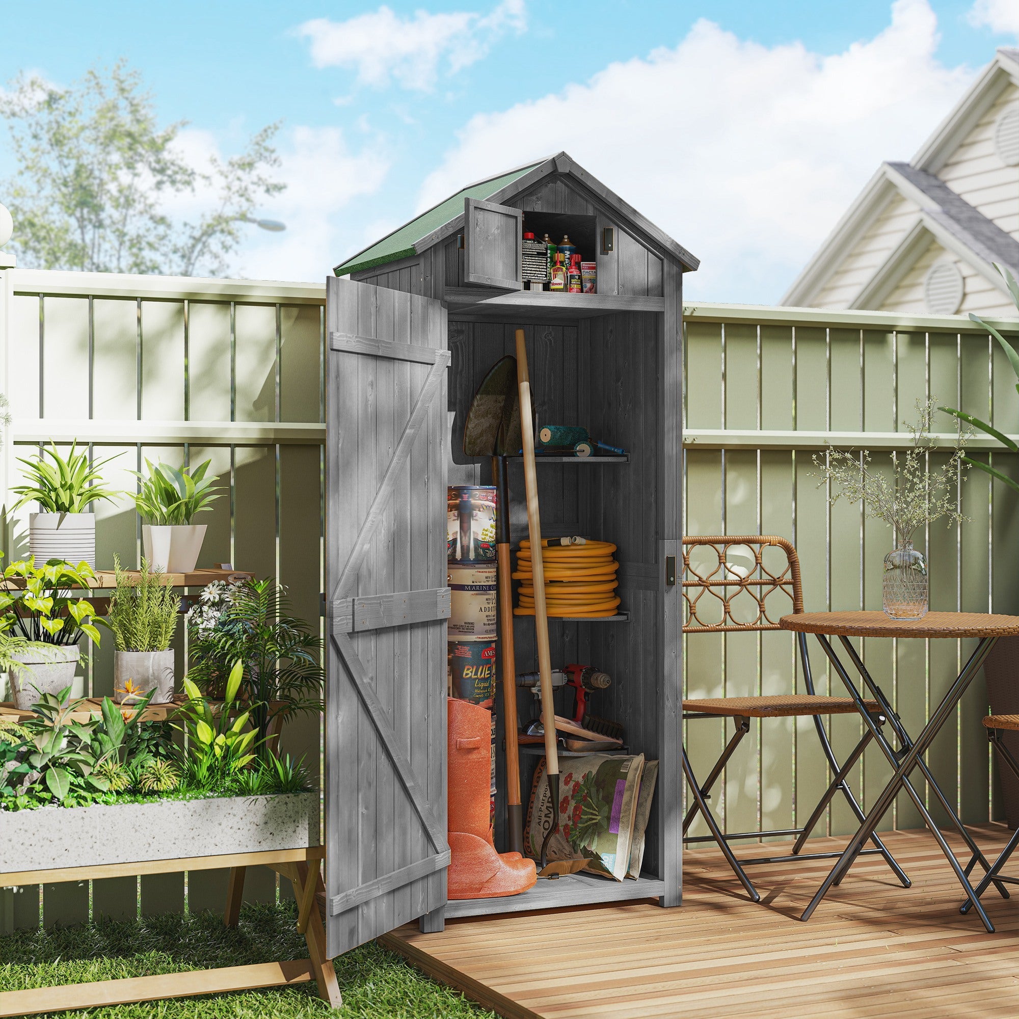 Wooden Garden Shed, Utility Outdoor Small Shed with Lockable Double Doors, Shelves and Roof Hatch Outsunny