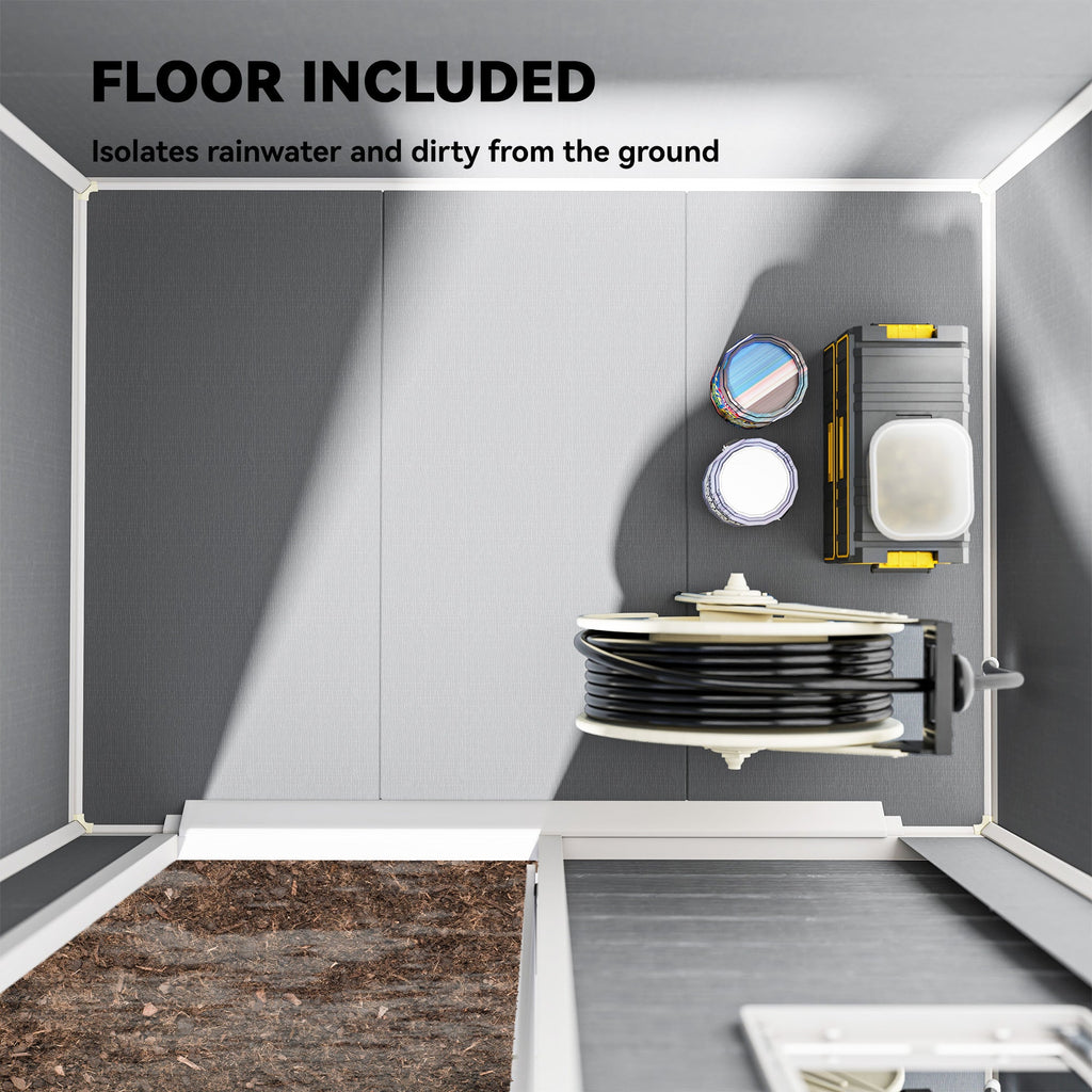 6 x 4ft Garden Shed, Plastic Shed with Floor, Window, Lockable Door and Vents, Wood Effect Resin Tool Shed for Outdoor, Grey Outsunny