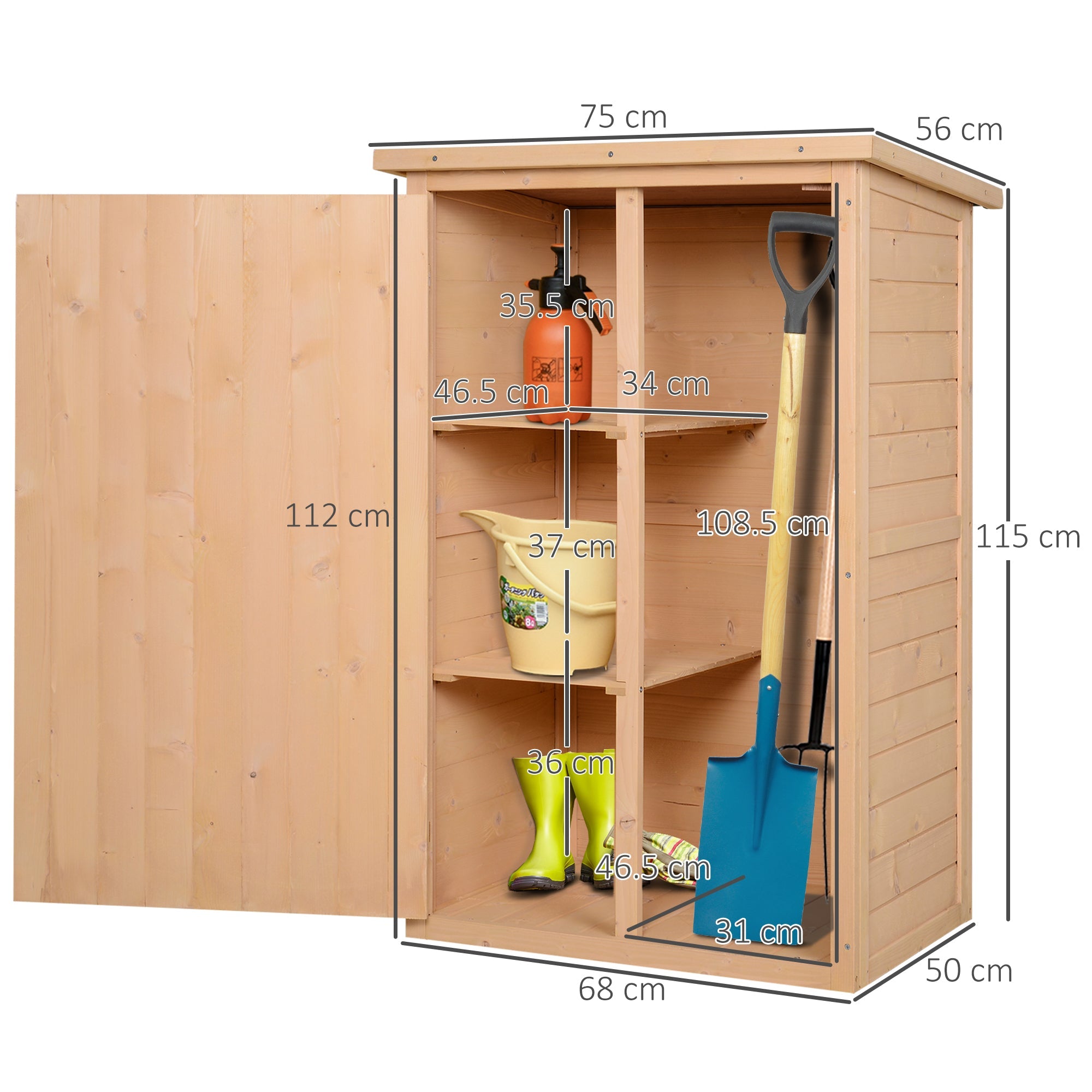 Wooden Small Shed, Garden Storage Shed with Shelves and Bolt Latch, 75L x 56W x115H cm, Natural Outsunny