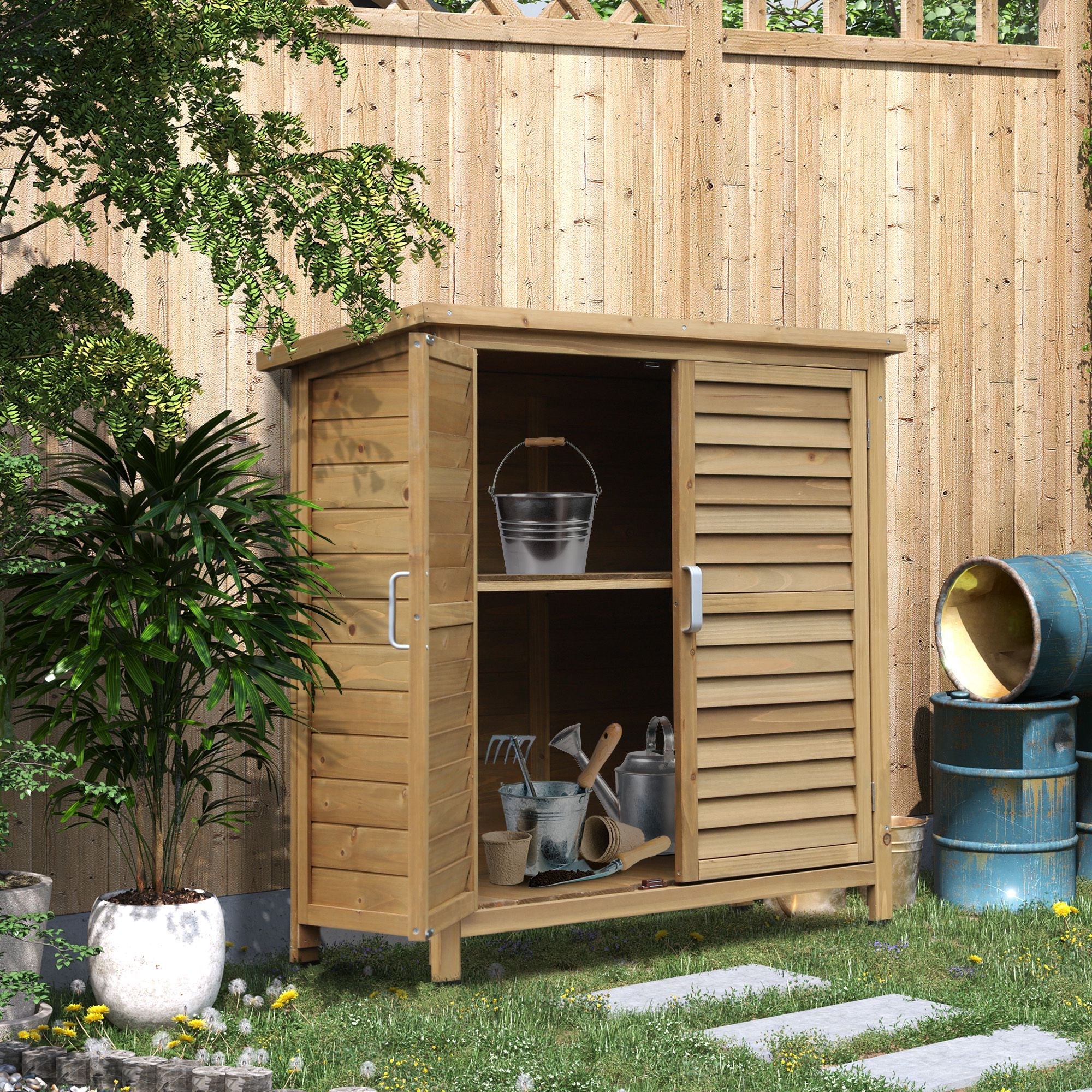 Garden Shed Wooden Garden Storage Shed 2 Door Unit Solid Fir Wood Garage Tool Organisation Cabinet, 87L x 46.5W x 96.5Hcm, Natural Outsunny
