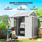 6 x 6ft Garden Shed with Floor, Window, Lockable Doors and Vents, Wood Effect Resin Tool Shed for Outdoor Patio, Grey Outsunny