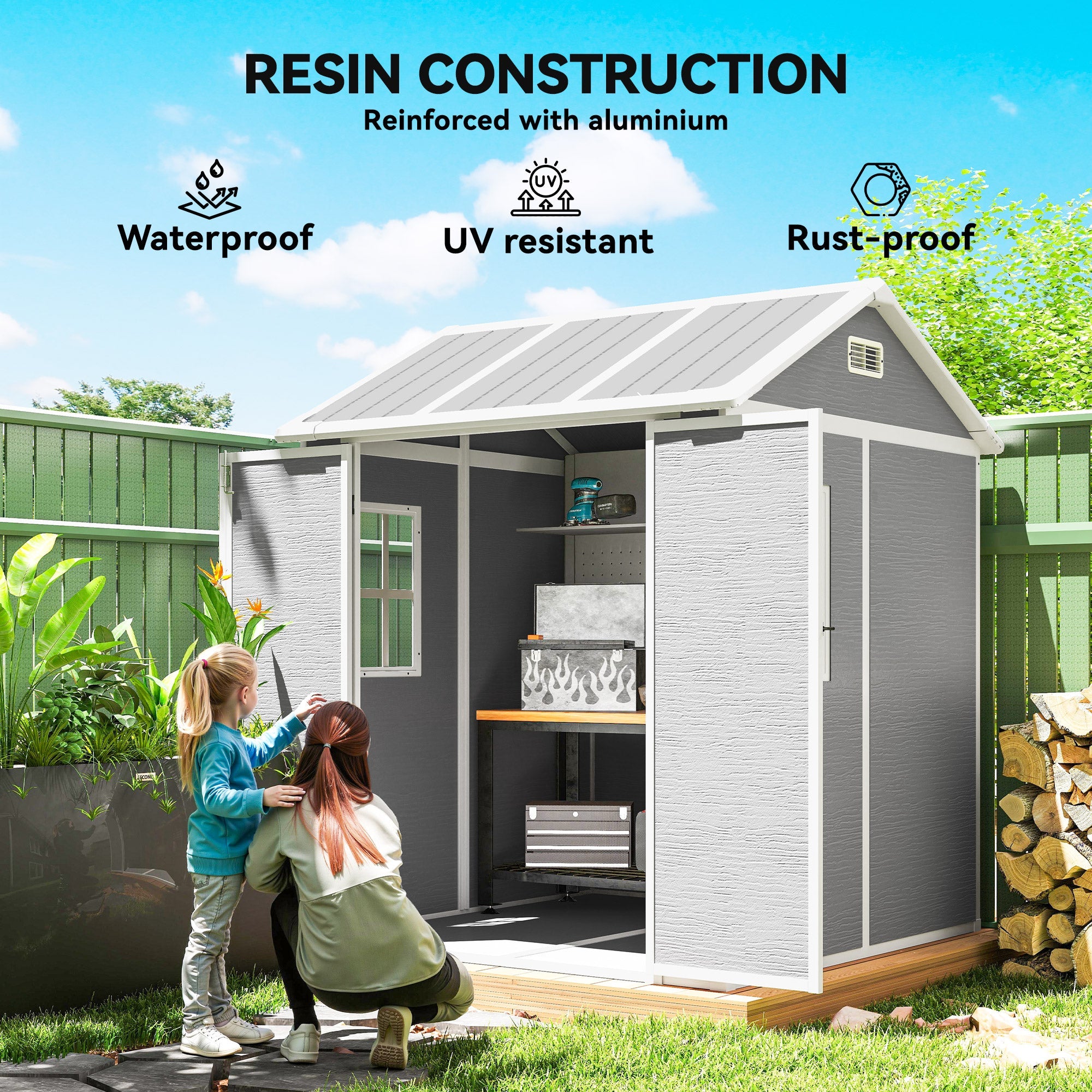6 x 6ft Garden Shed with Floor, Window, Lockable Doors and Vents, Wood Effect Resin Tool Shed for Outdoor Patio, Grey Outsunny