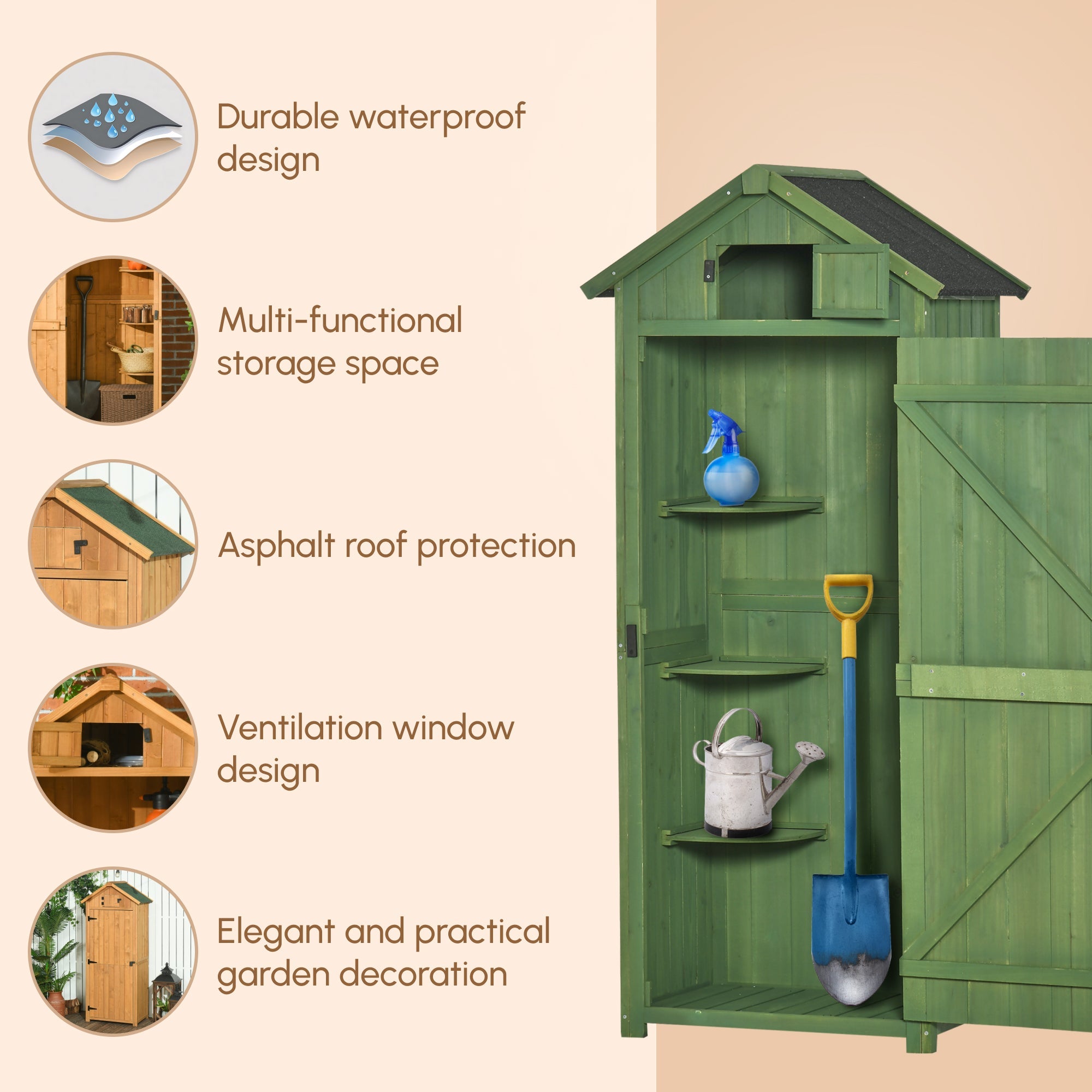 Small Shed, Tall Slim Wooden Garden Shed with 3 Removable Shelves and Roof Hatch, Compact Outdoor Tool Storage Cabinet with Asphalt Roof and Door Latch, 77 x 54.2 x 179 cm Outsunny