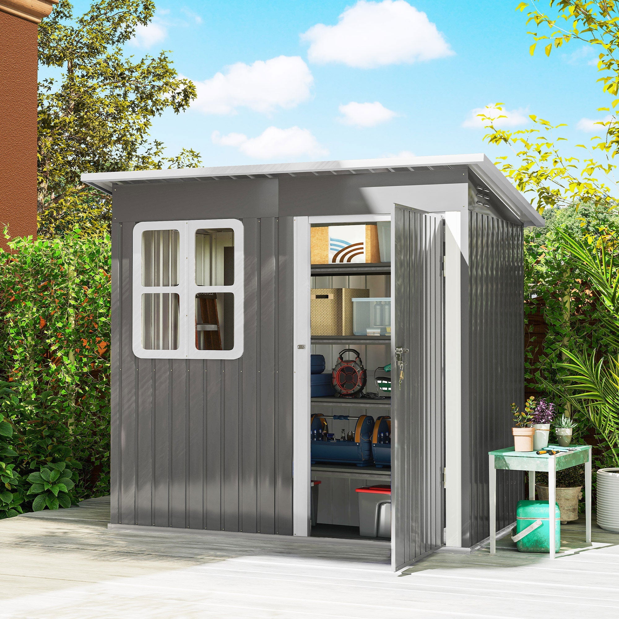 7x4 Garden Shed Galvanised Steel Frame Garden Storage Shed with Lock & Gloves Outsunny