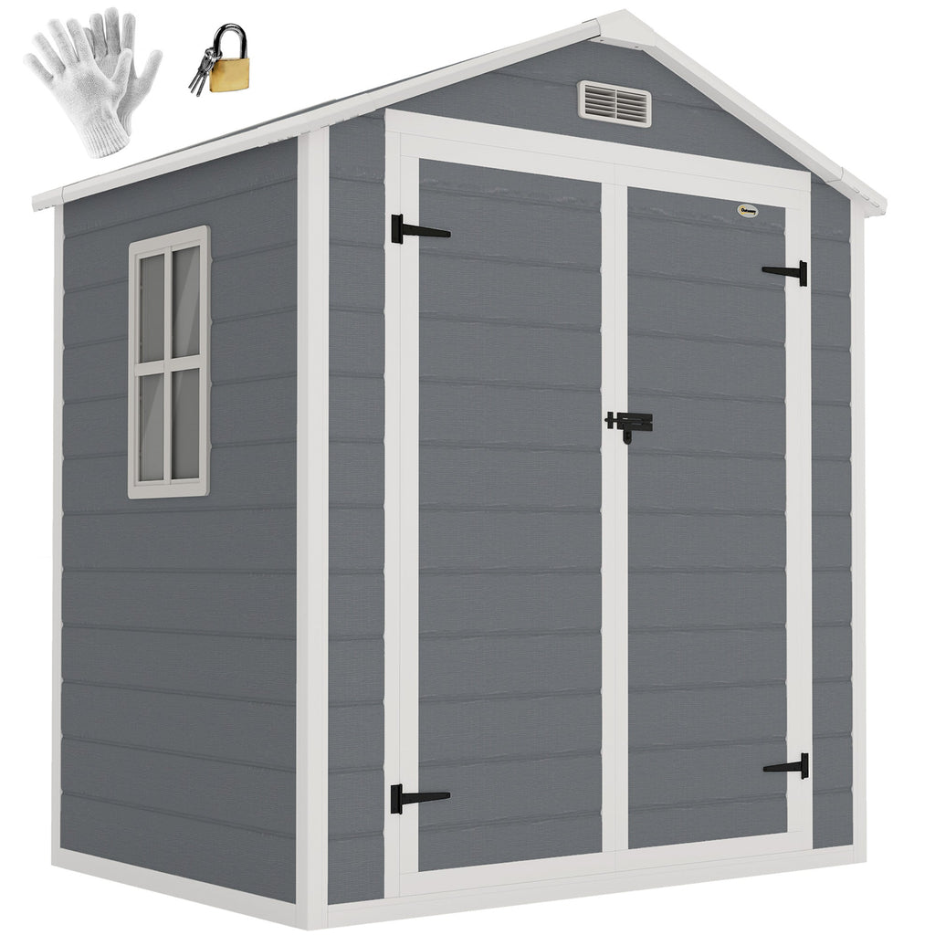 6'x4.5' Garden Storage Shed, Lockable Garden Shed with Double Doors, Window, Vent and Plastic Roof, Grey Outsunny