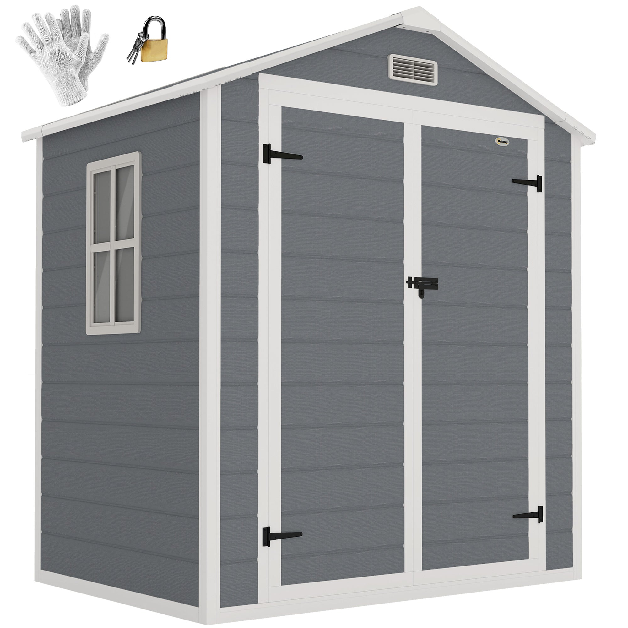 6'x4.5' Garden Storage Shed, Lockable Garden Shed with Double Doors, Window, Vent and Plastic Roof, Grey Outsunny