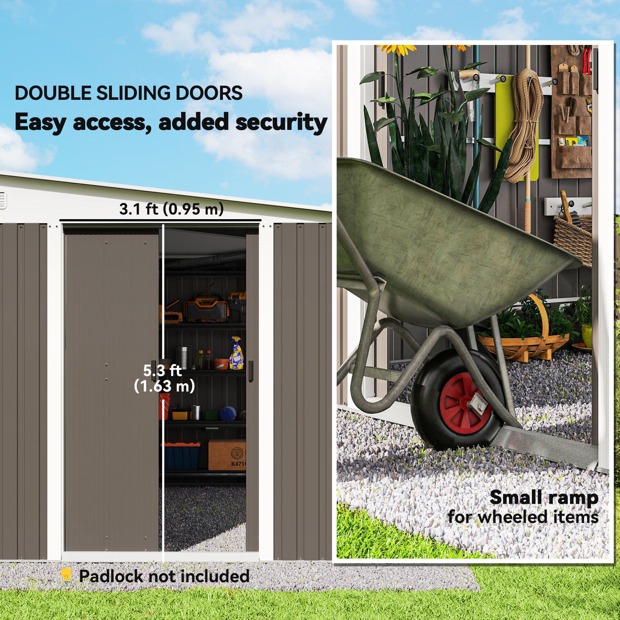 11.3 x 9.2ft Lean to Metal Garden Shed, Outdoor Galvanised Tool Storage House with Double Sliding Doors and 2 Air Vents