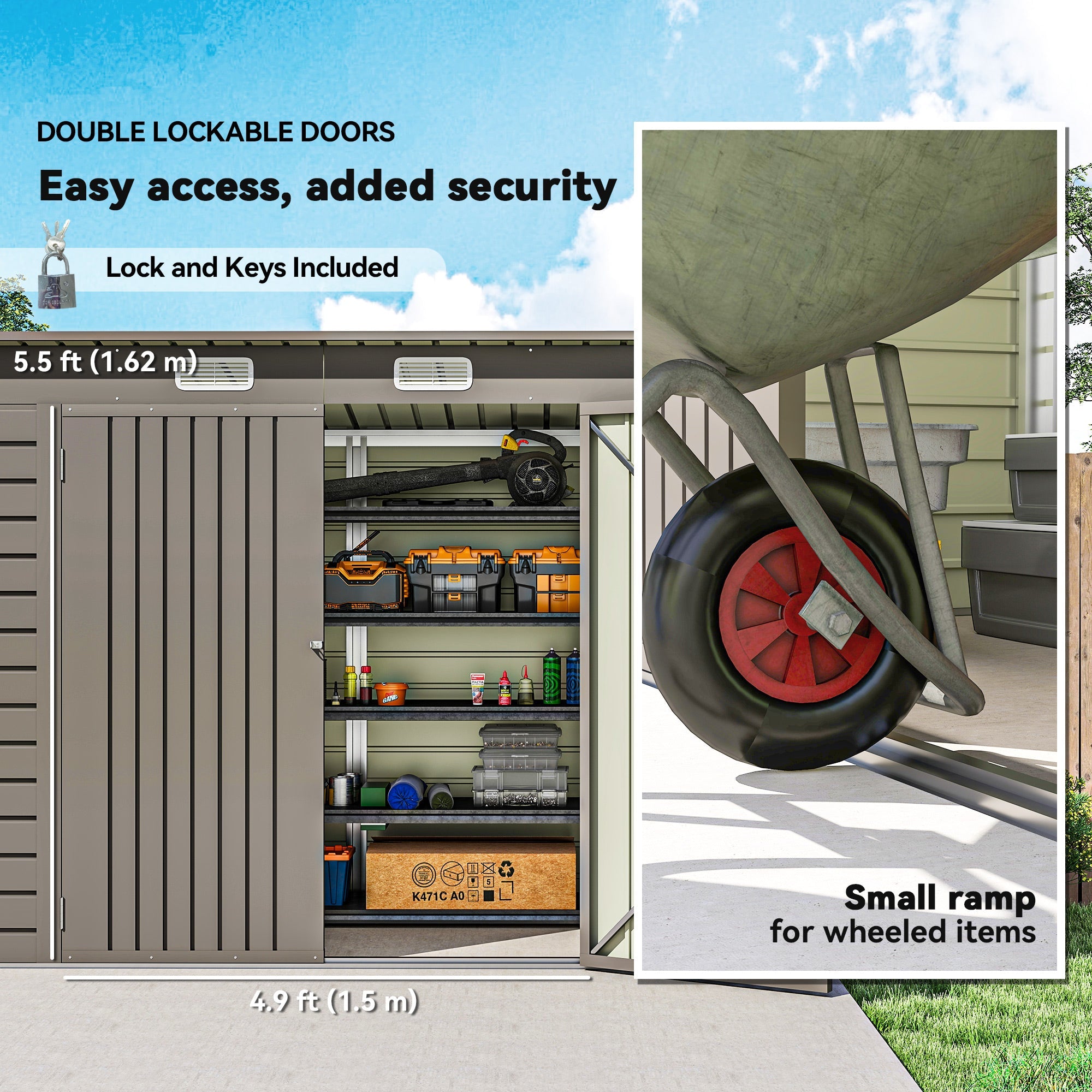 3.7 x 7.9ft Galvanised Steel Shed, with Latched Door and Padlock - Light Grey Outsunny